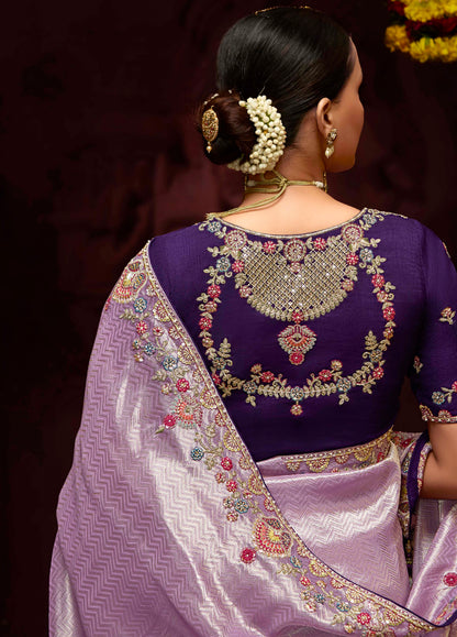 Lilac Banarasi Kanjivaram Silk Saree with Zari &amp; Sequin Embellishments