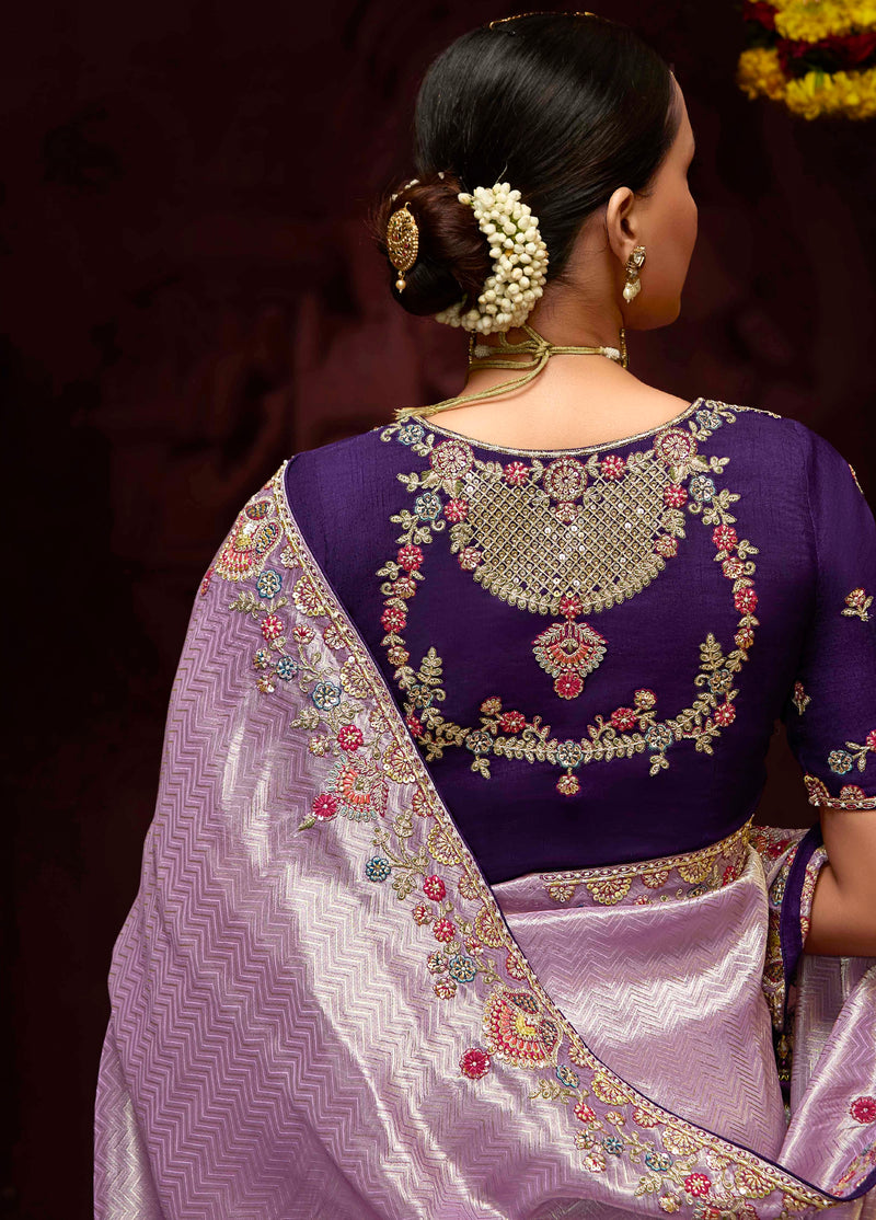 Lilac Banarasi Kanjivaram Silk Saree with Zari & Sequin Embellishments