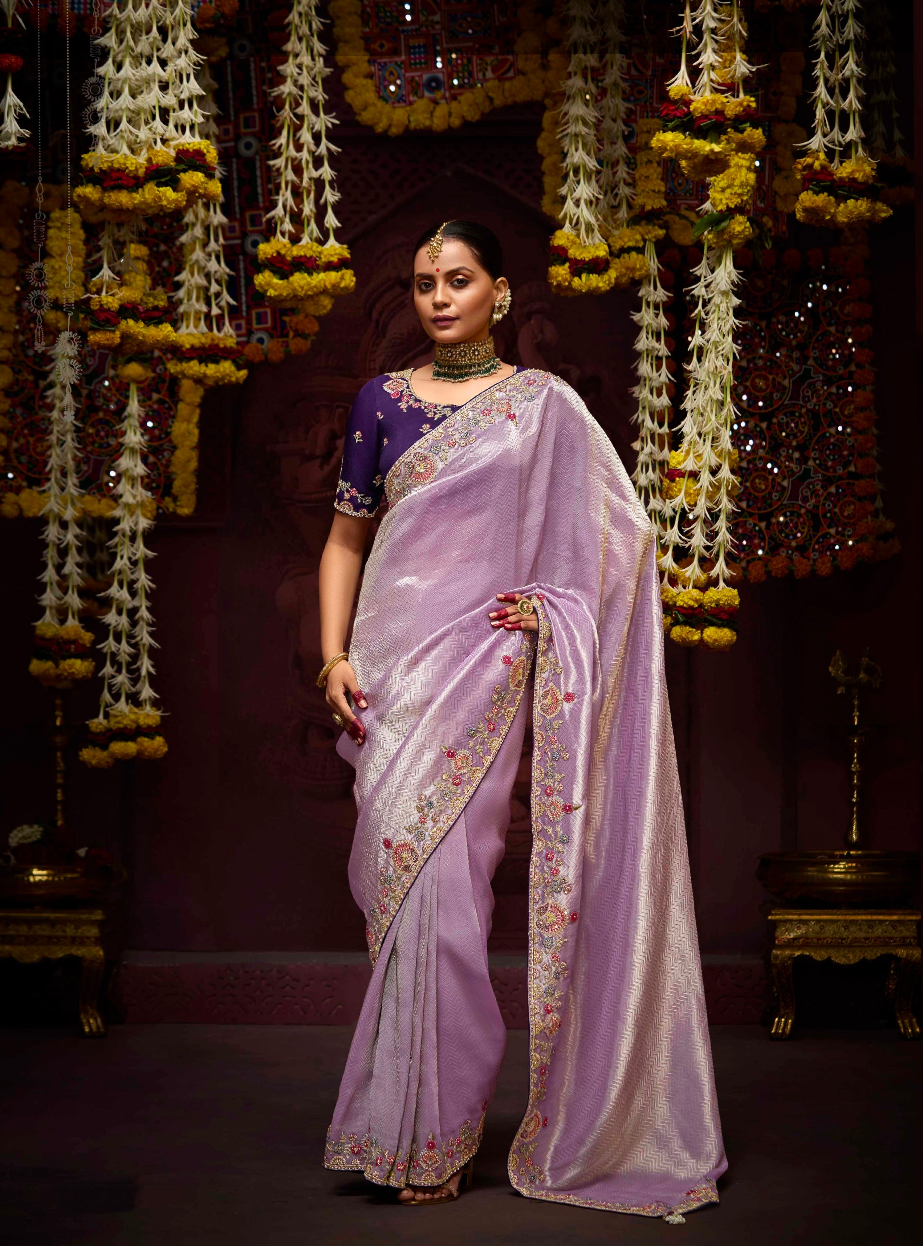 Lilac Banarasi Kanjivaram Silk Saree with Zari &amp; Sequin Embellishments