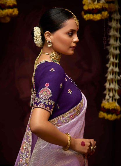 Lilac Banarasi Kanjivaram Silk Saree with Zari &amp; Sequin Embellishments