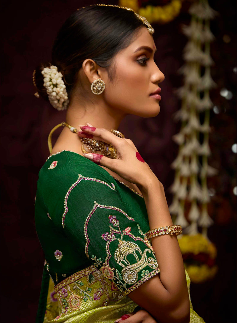 Chartreuse Green Banarasi Kanjivaram Saree & Zari Weaving & Stone Work