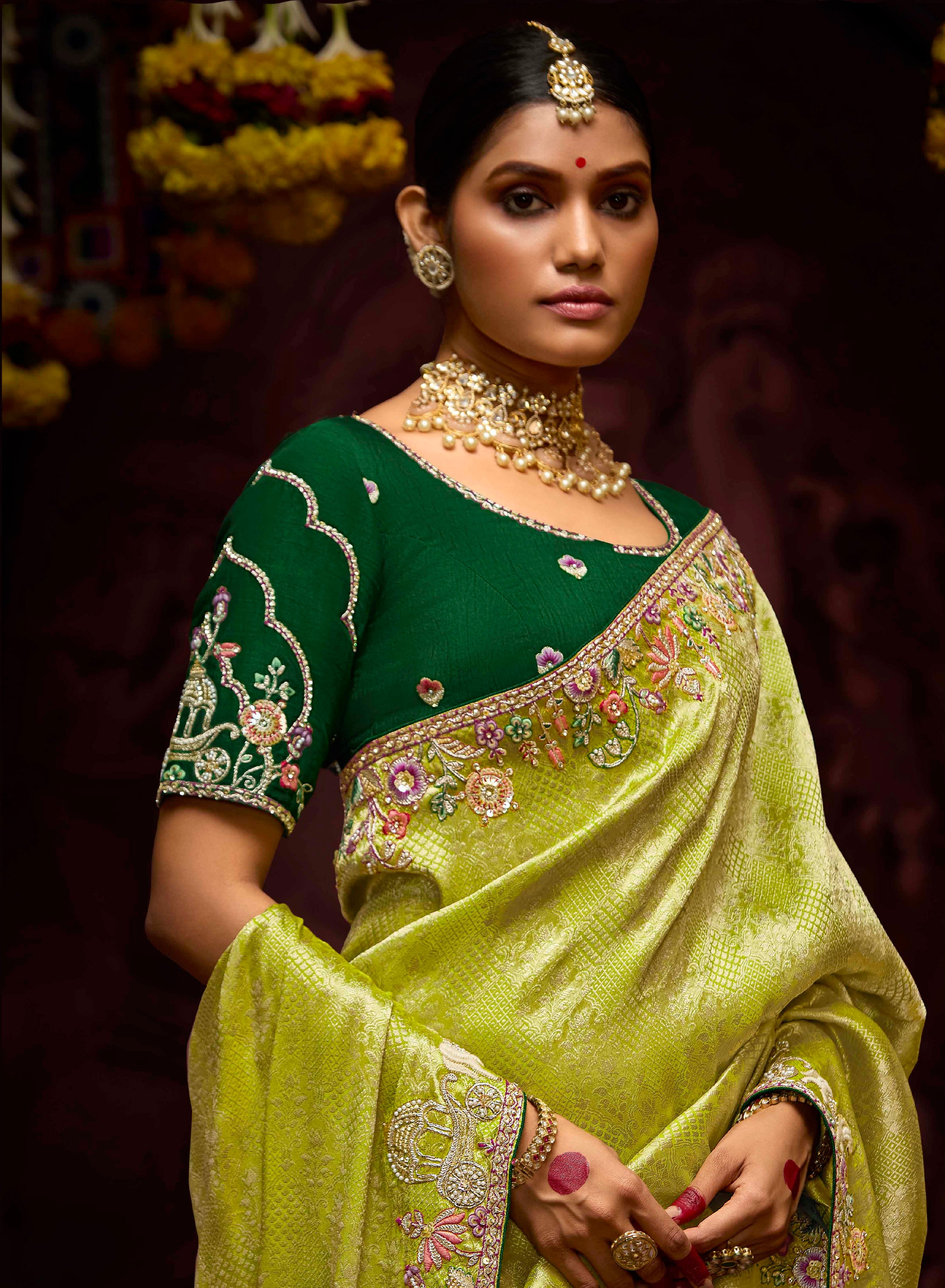 Chartreuse Green Banarasi Kanjivaram Saree &amp; Zari Weaving &amp; Stone Work