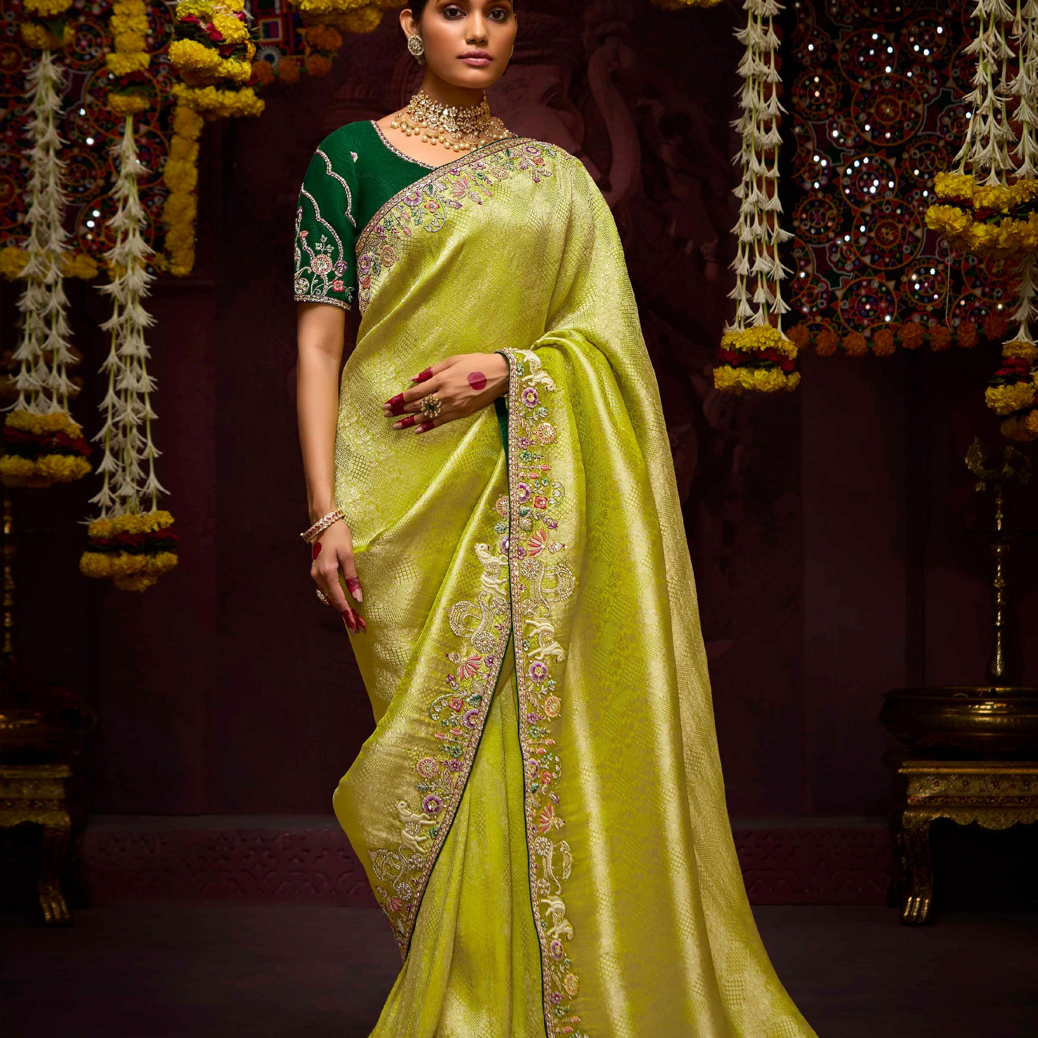 Chartreuse Green Banarasi Kanjivaram Saree & Zari Weaving & Stone Work