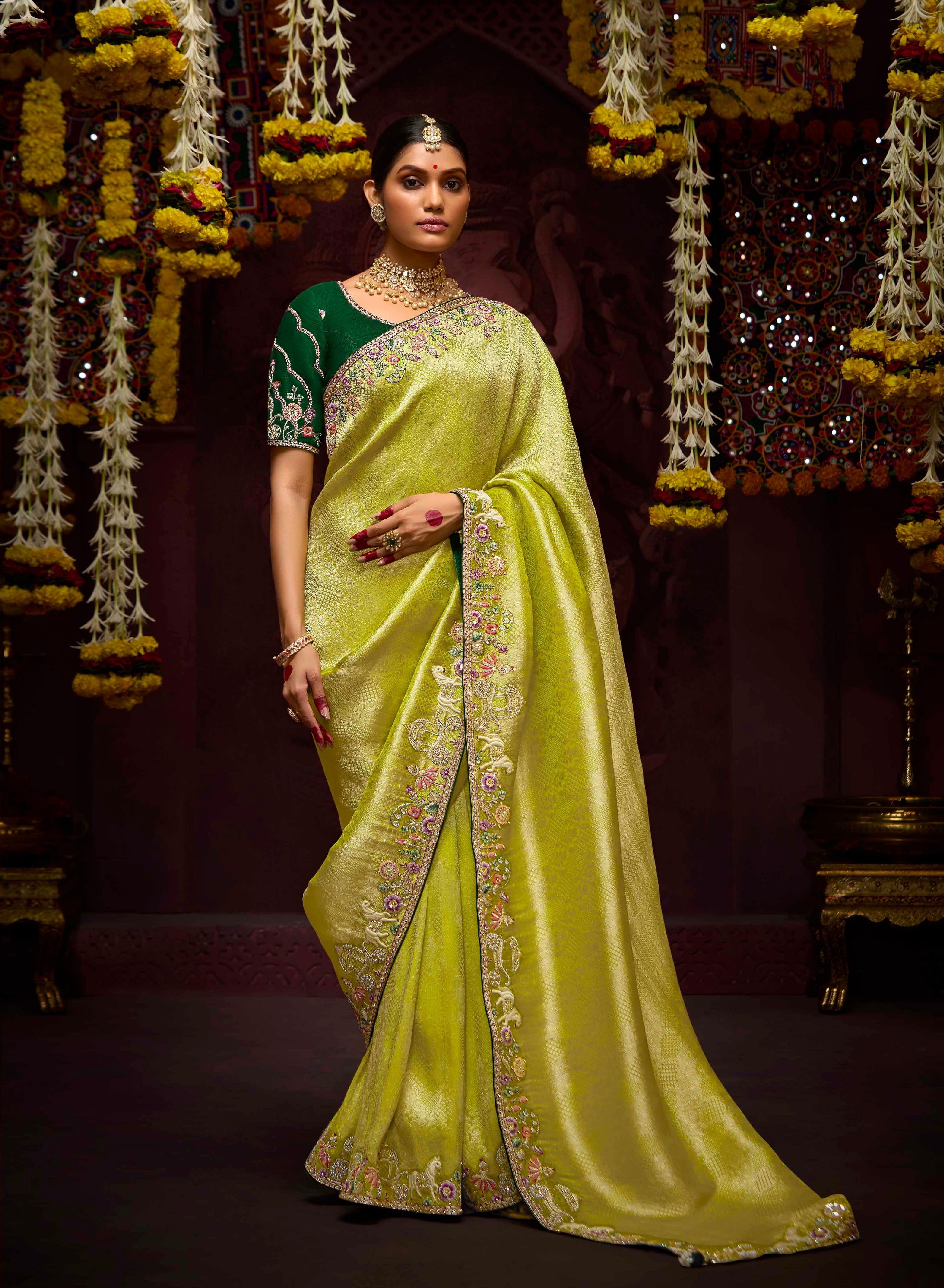 Chartreuse Green Banarasi Kanjivaram Saree & Zari Weaving & Stone Work
