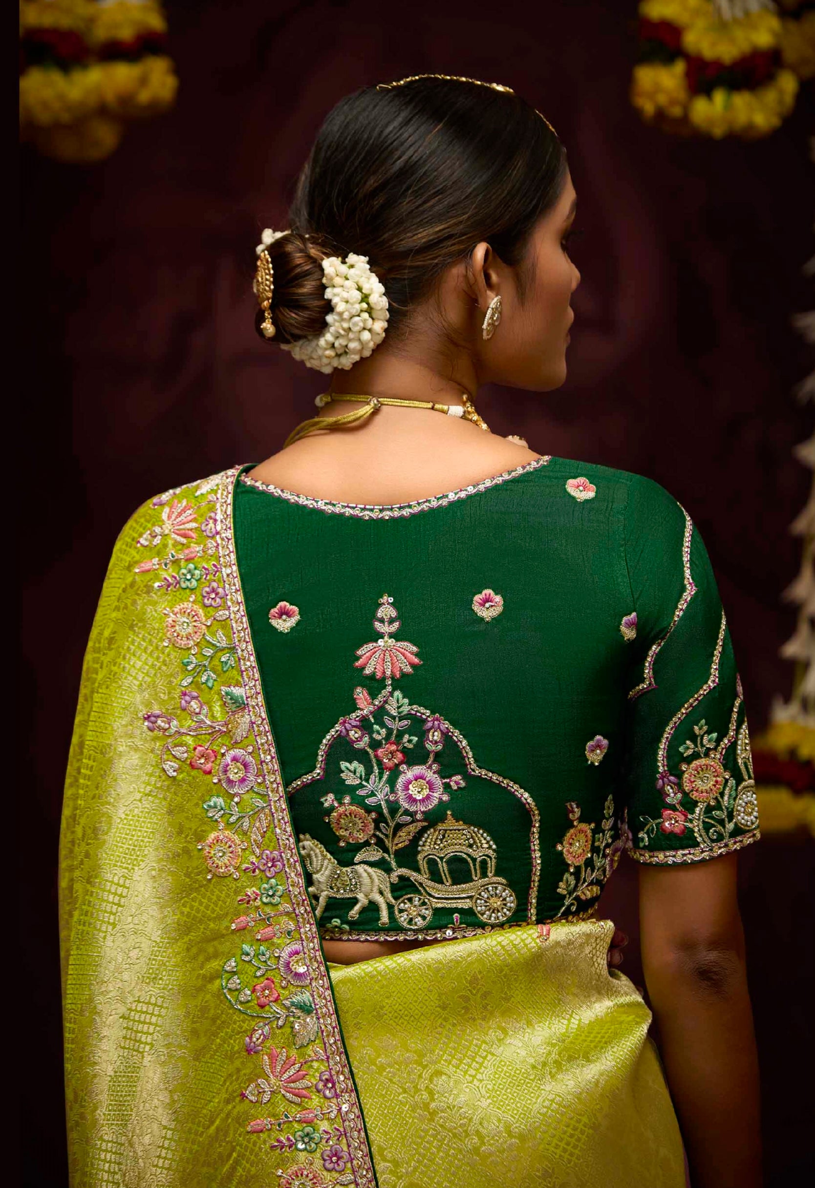 Chartreuse Green Banarasi Kanjivaram Saree &amp; Zari Weaving &amp; Stone Work