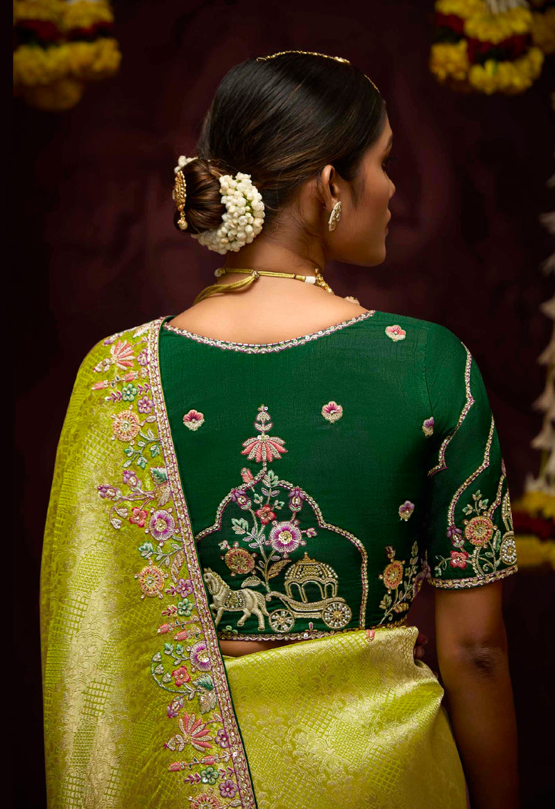 Chartreuse Green Banarasi Kanjivaram Saree & Zari Weaving & Stone Work