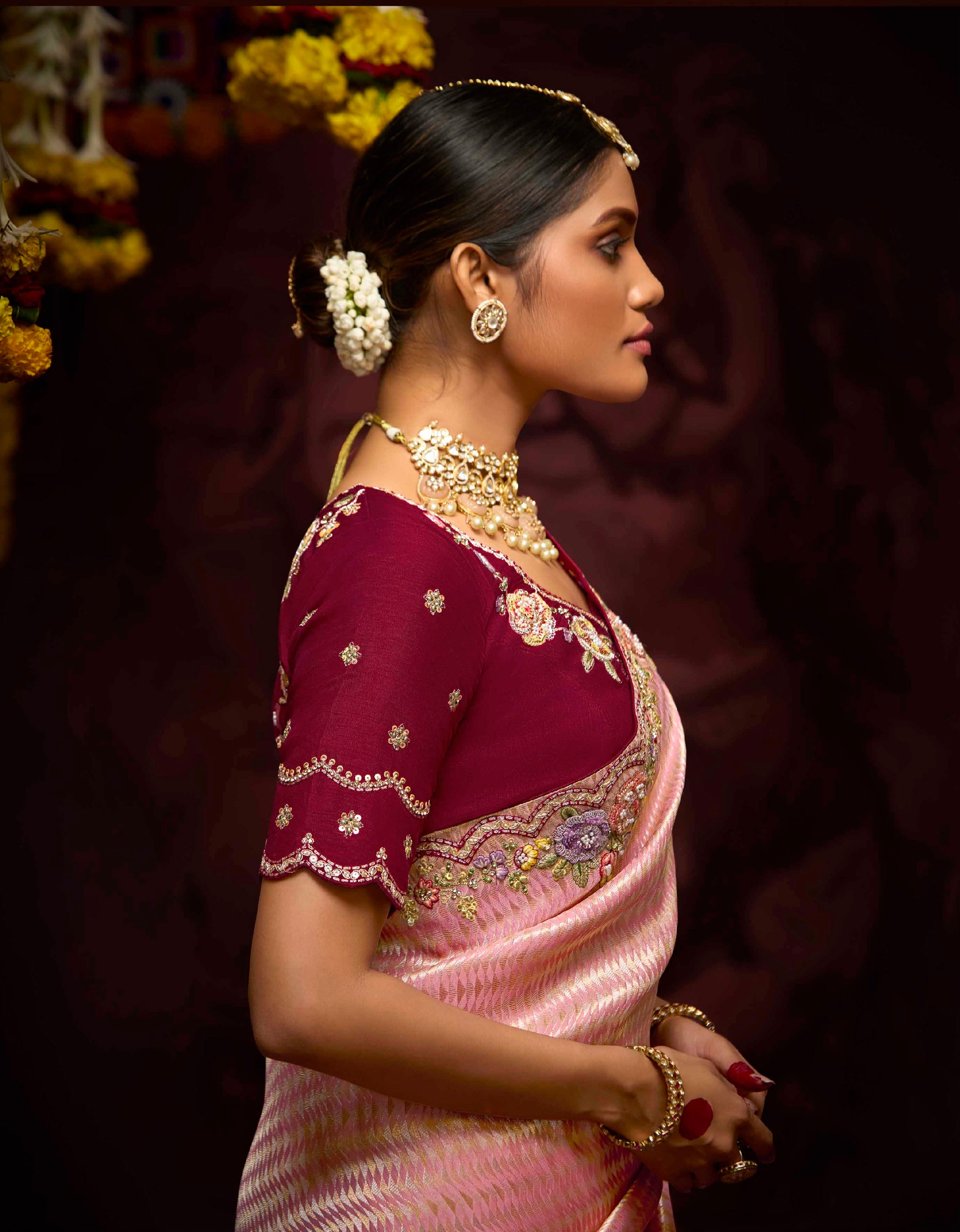Rose Gold Banarasi Kanjivaram Saree with Embroidered Border