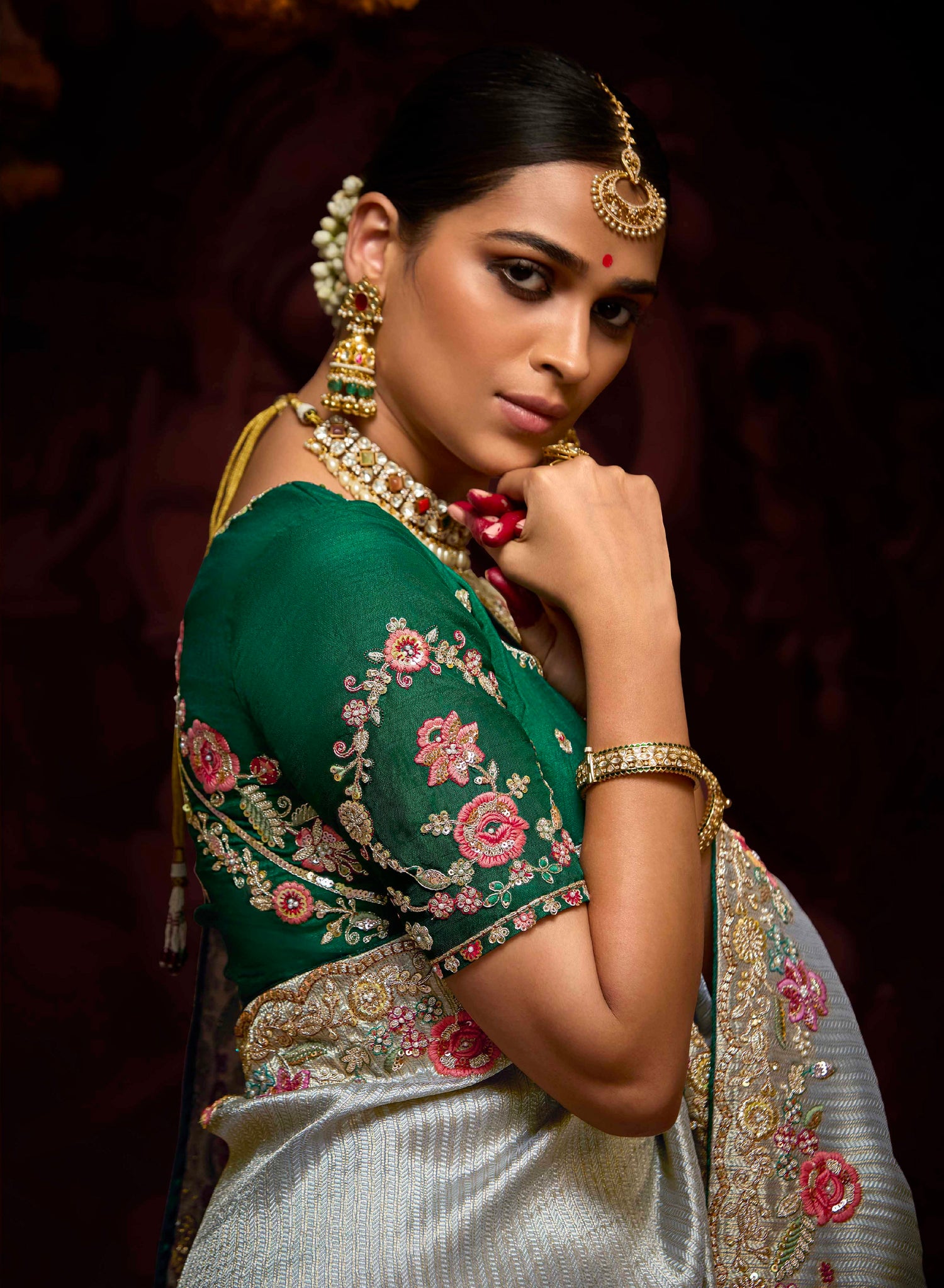 Steel Grey Banarasi Kanjivaram Saree with Zari &amp; Sequin Work