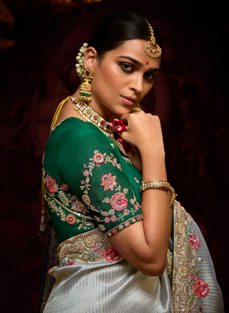 Steel Grey Banarasi Kanjivaram Saree with Zari & Sequin Work