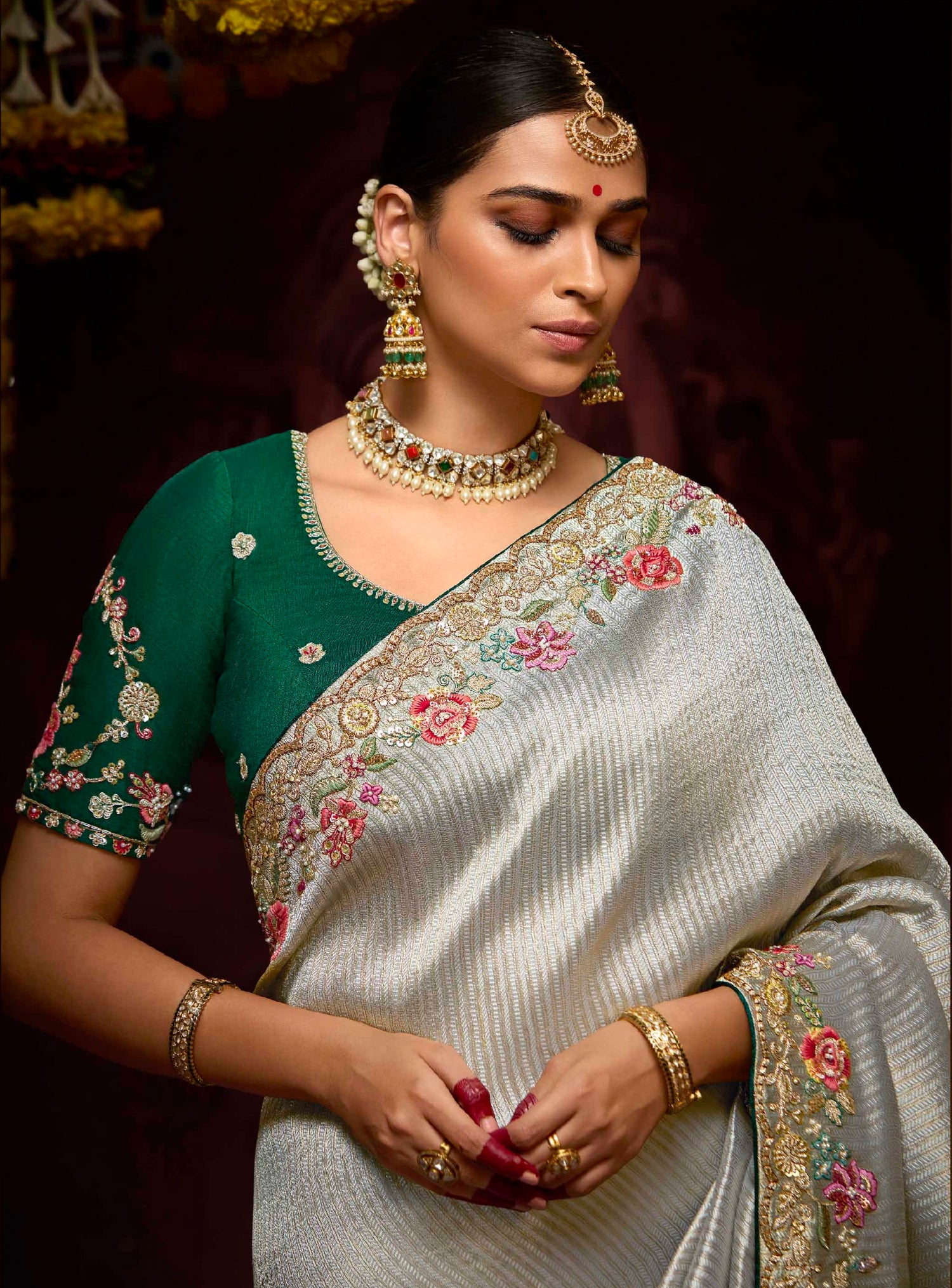 Steel Grey Banarasi Kanjivaram Saree with Zari &amp; Sequin Work