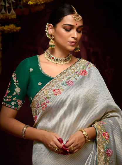 Steel Grey Banarasi Kanjivaram Saree with Zari &amp; Sequin Work