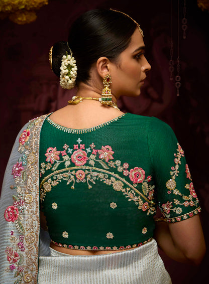 Steel Grey Banarasi Kanjivaram Saree with Zari &amp; Sequin Work