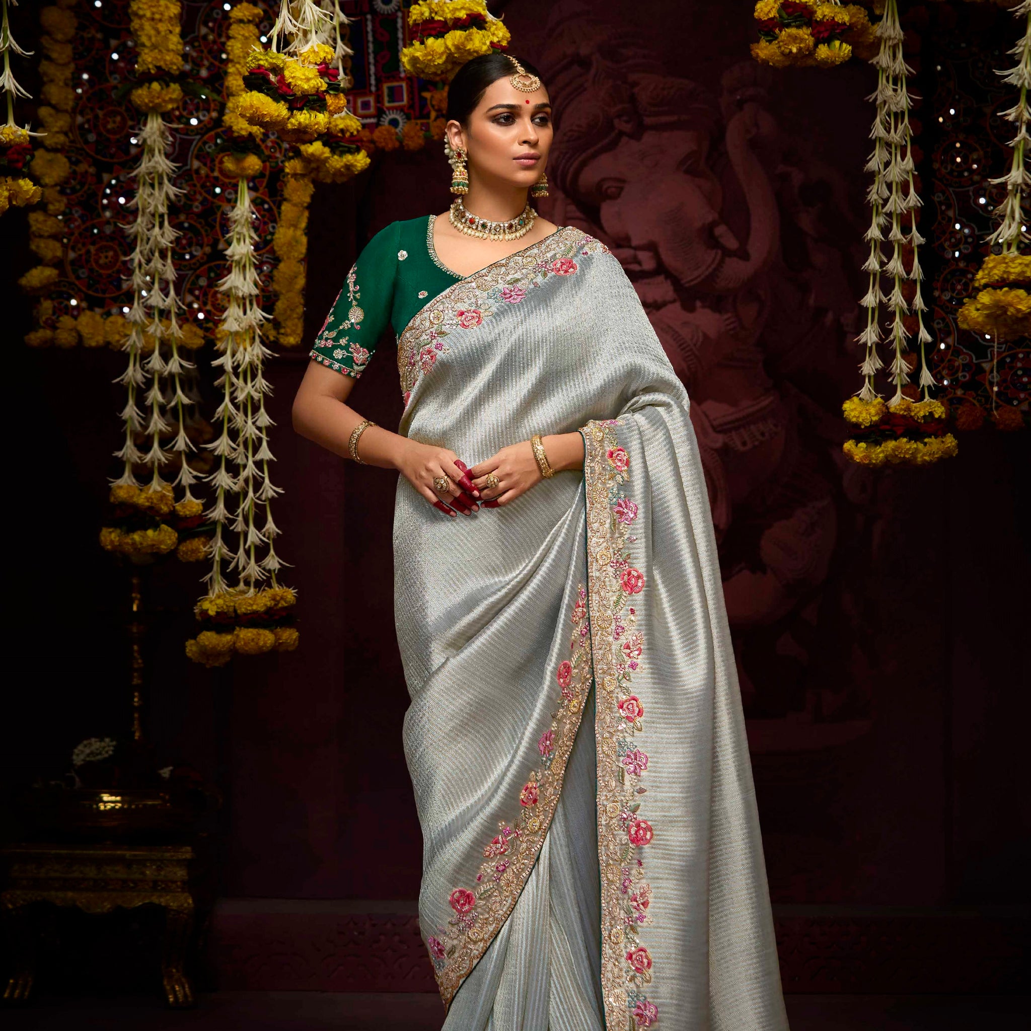 Steel Grey Banarasi Kanjivaram Saree with Zari & Sequin Work