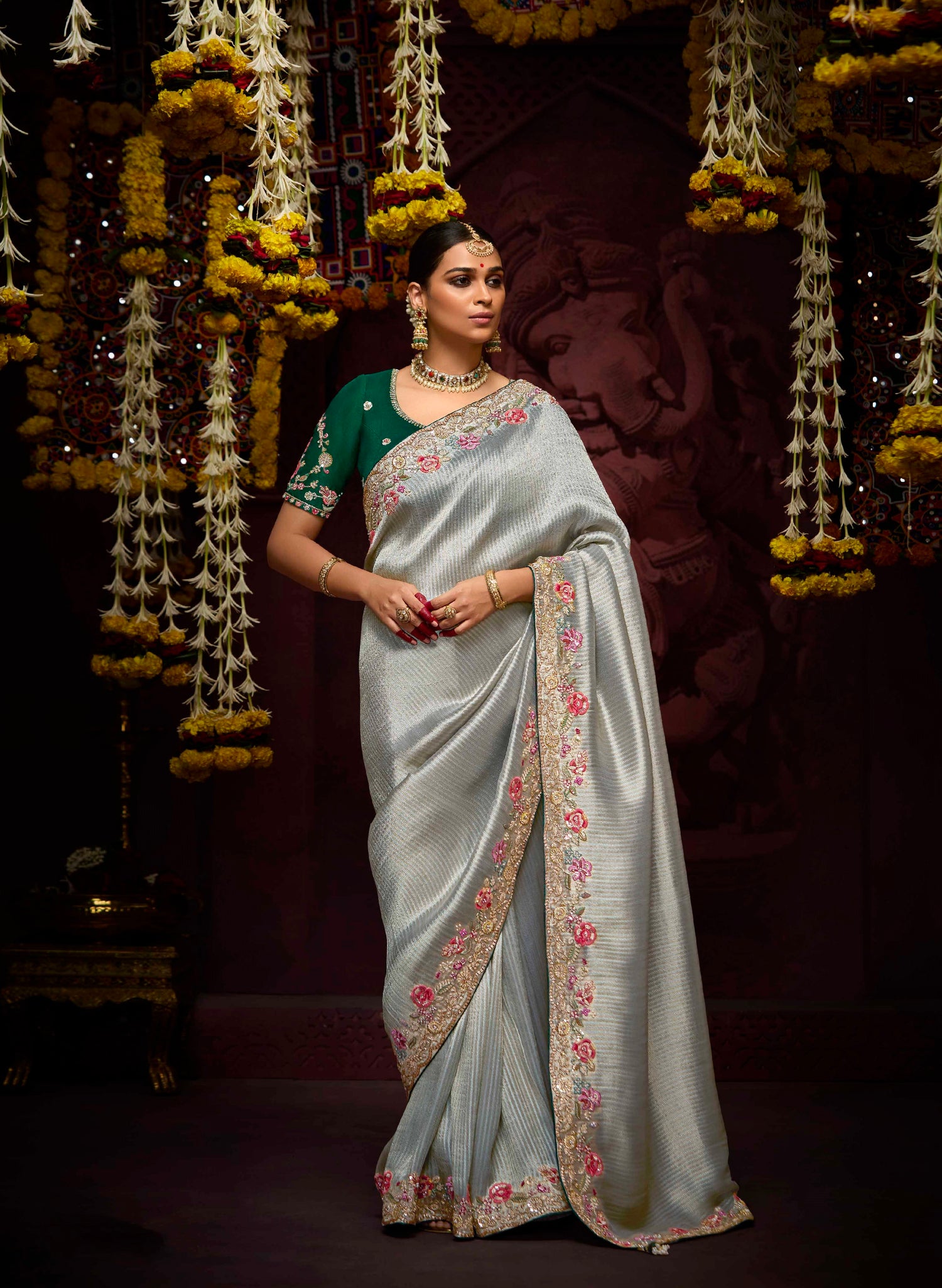 Steel Grey Banarasi Kanjivaram Saree with Zari &amp; Sequin Work