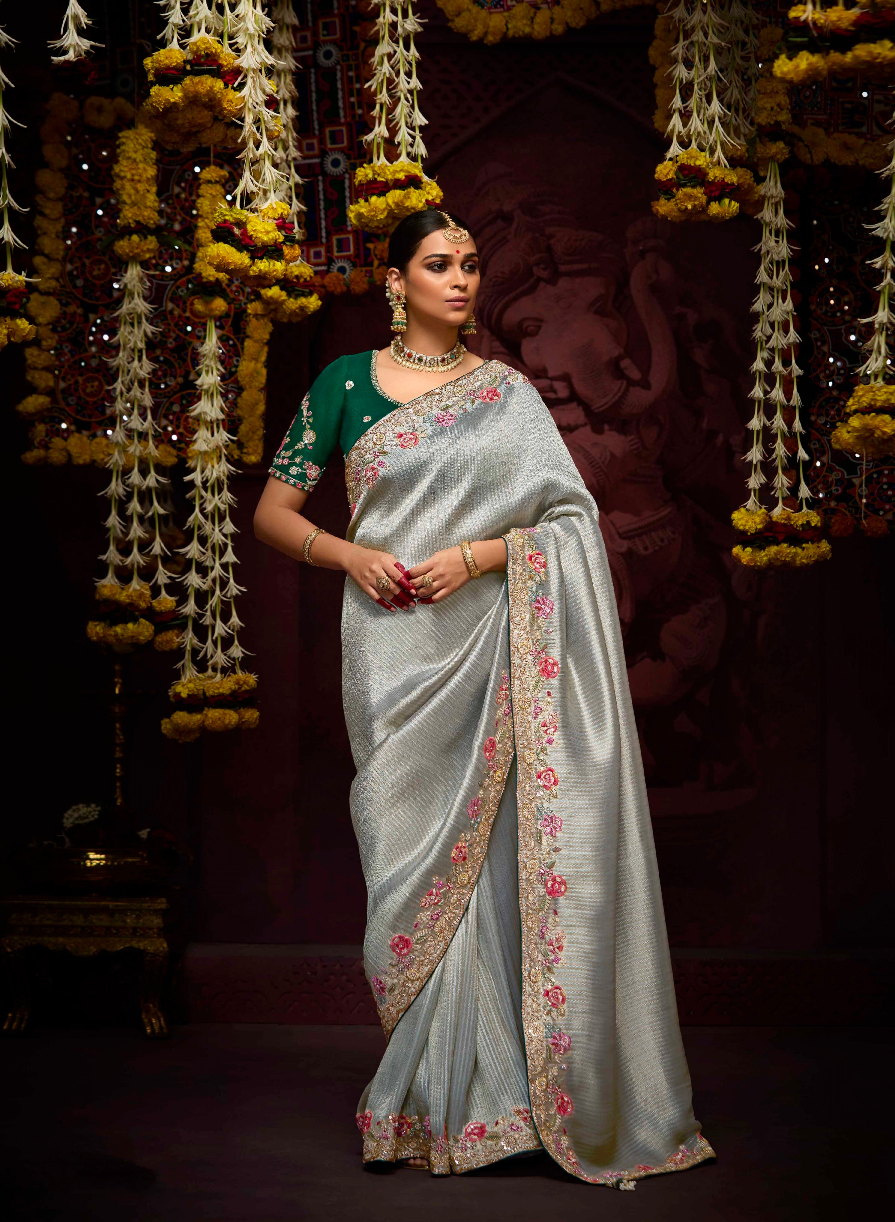 Steel Grey Banarasi Kanjivaram Saree with Zari &amp; Sequin Work