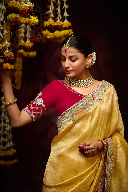 Golden Yellow Banarasi Kanjivaram Saree with Embroidery &amp; Zari Border