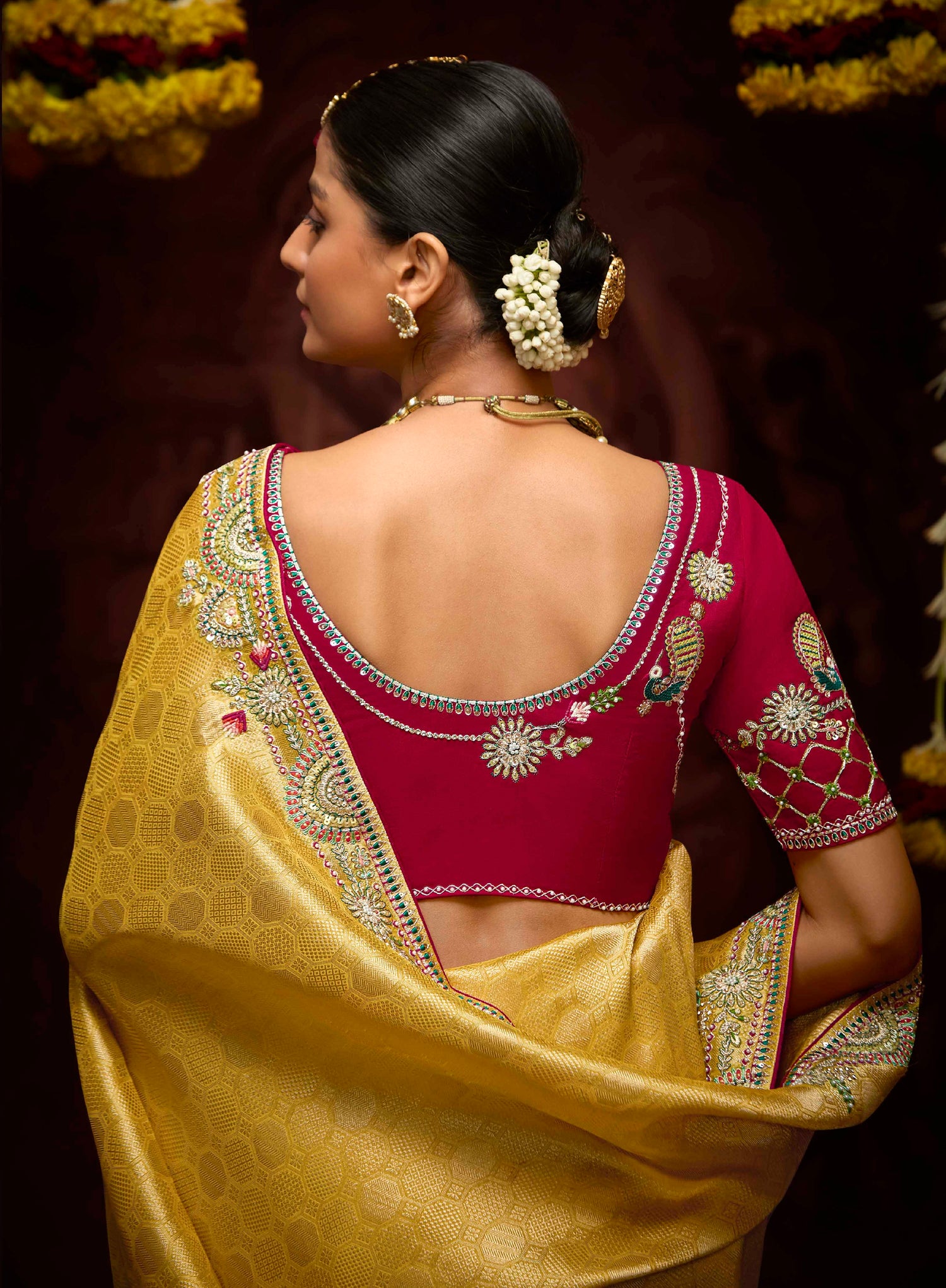 Golden Yellow Banarasi Kanjivaram Saree with Embroidery &amp; Zari Border