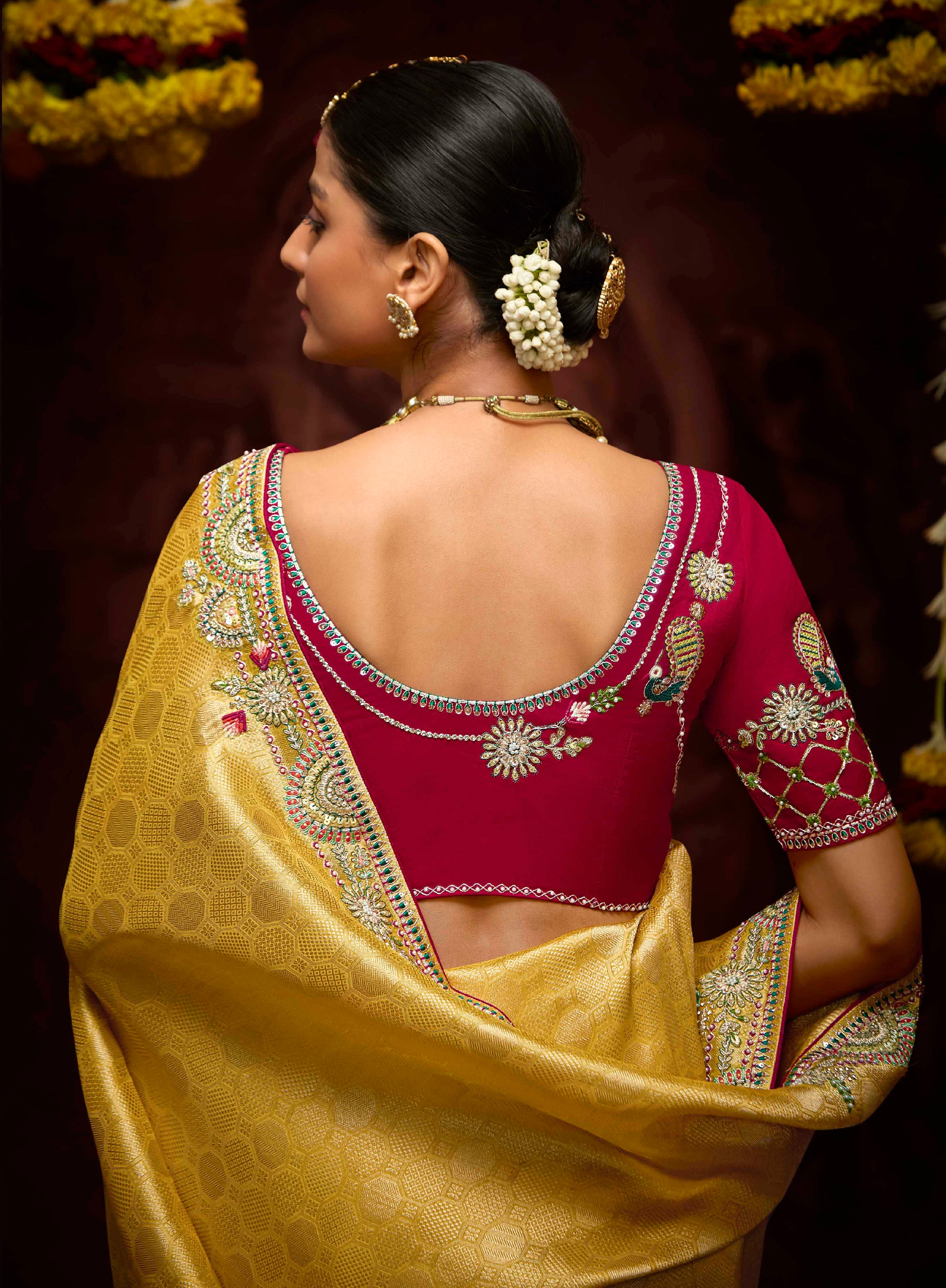 Golden Yellow Banarasi Kanjivaram Saree with Embroidery &amp; Zari Border