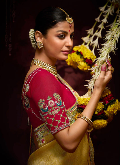 Golden Yellow Banarasi Kanjivaram Saree with Embroidery &amp; Zari Border