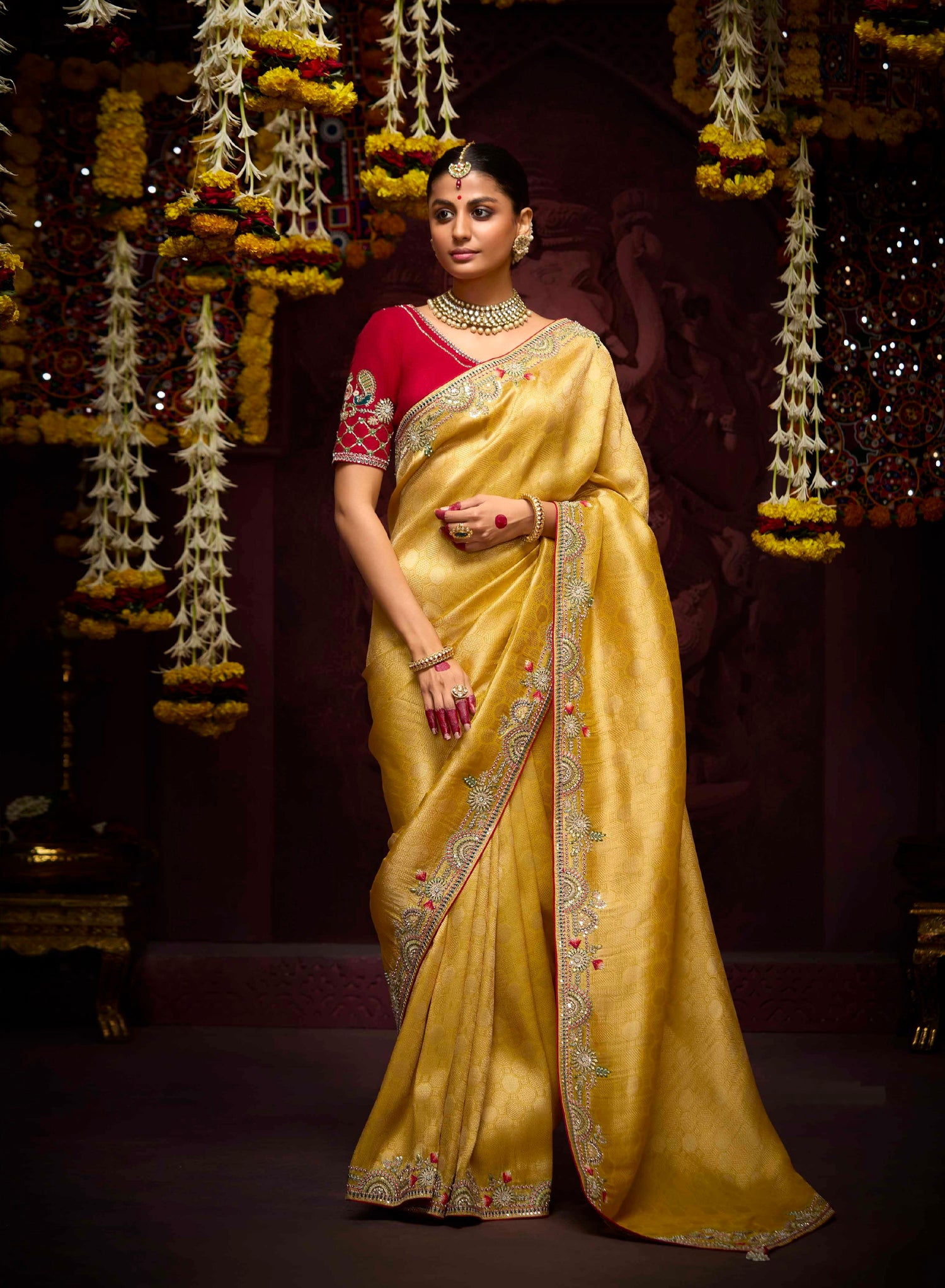 Golden Yellow Banarasi Kanjivaram Saree with Embroidery &amp; Zari Border
