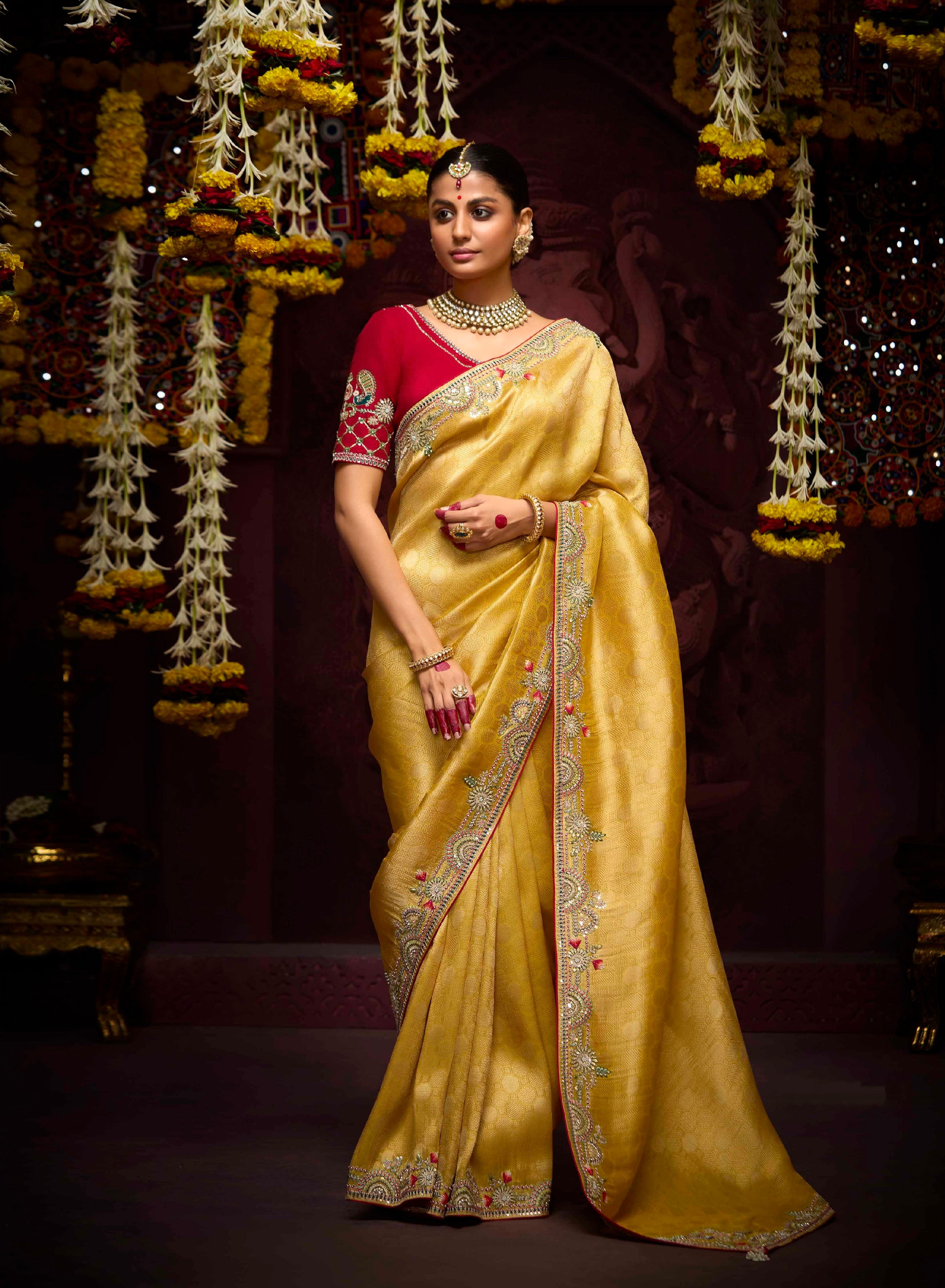 Golden Yellow Banarasi Kanjivaram Saree with Embroidery &amp; Zari Border