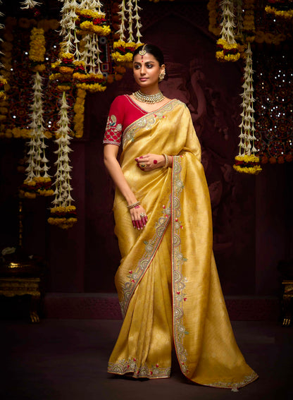 Golden Yellow Banarasi Kanjivaram Saree with Embroidery &amp; Zari Border