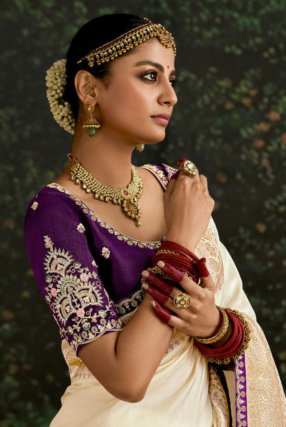 Ivory Dola Silk Saree with Embroidered Sequence Border