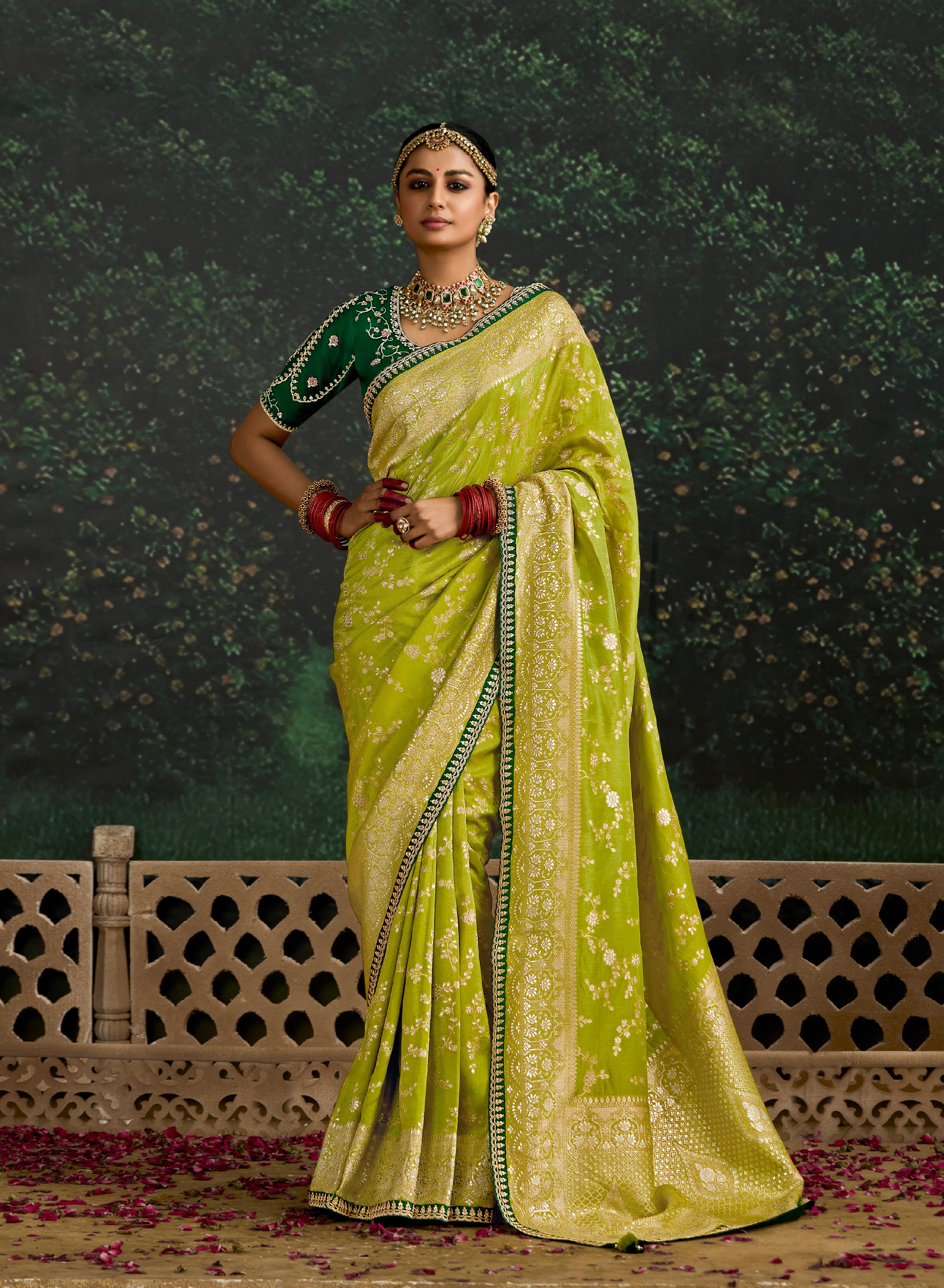 Lime Green Dola Silk Saree with Sequence Embroidery