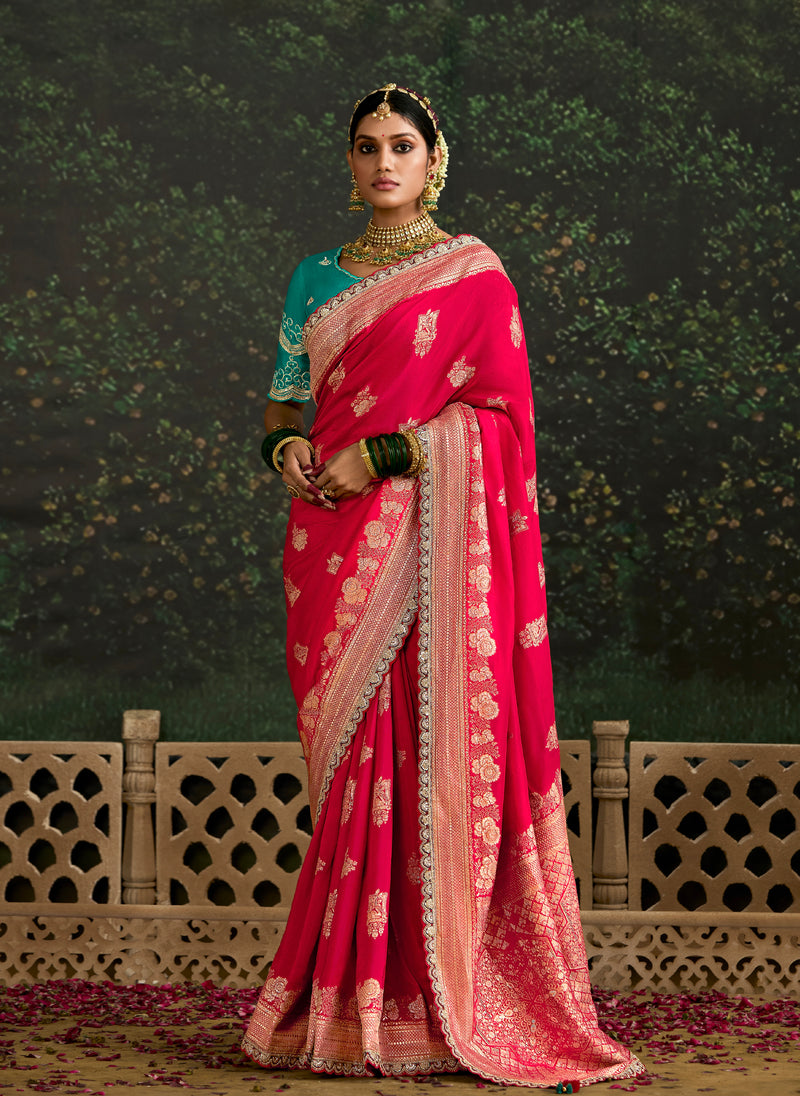 Hot Pink Dola Silk Saree with Sequined Embroidery Border