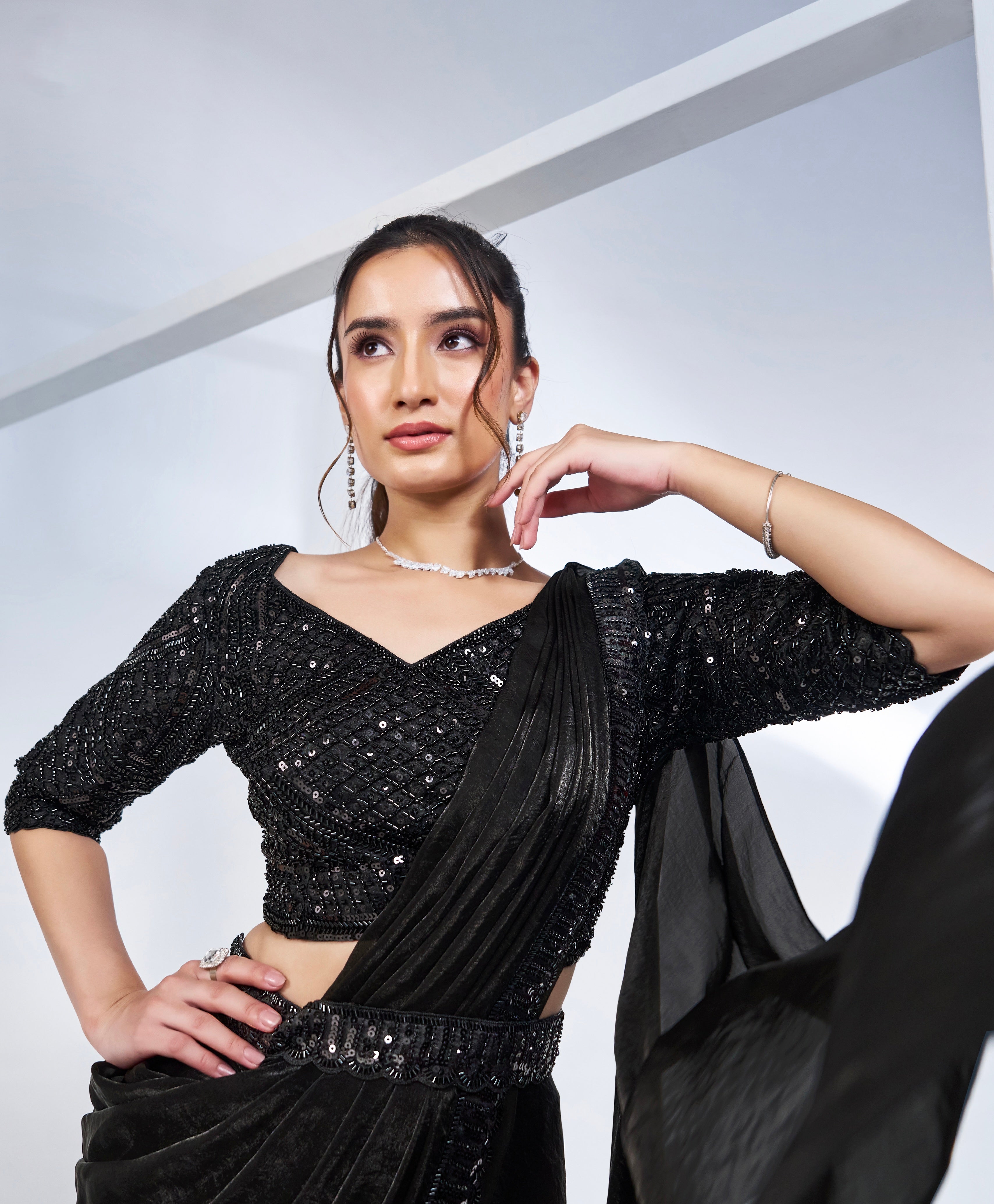 Black Satin Silk Ready to Wear Saree with Pure Handwork