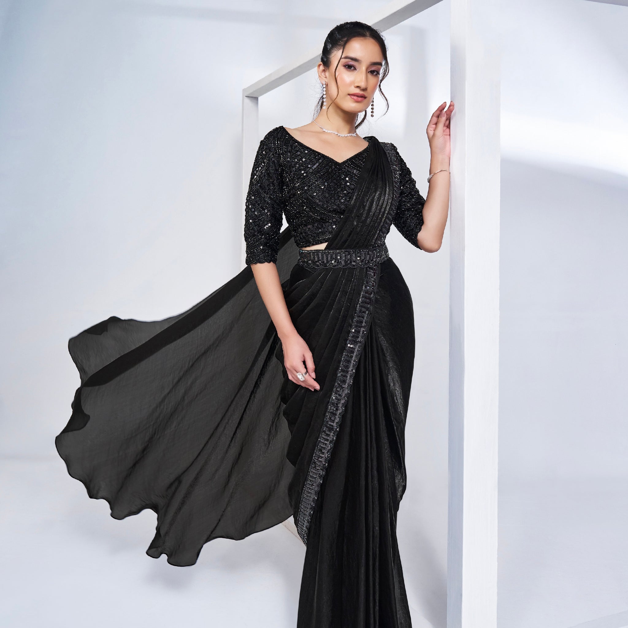 Black Satin Silk Ready to Wear Saree with Pure Handwork
