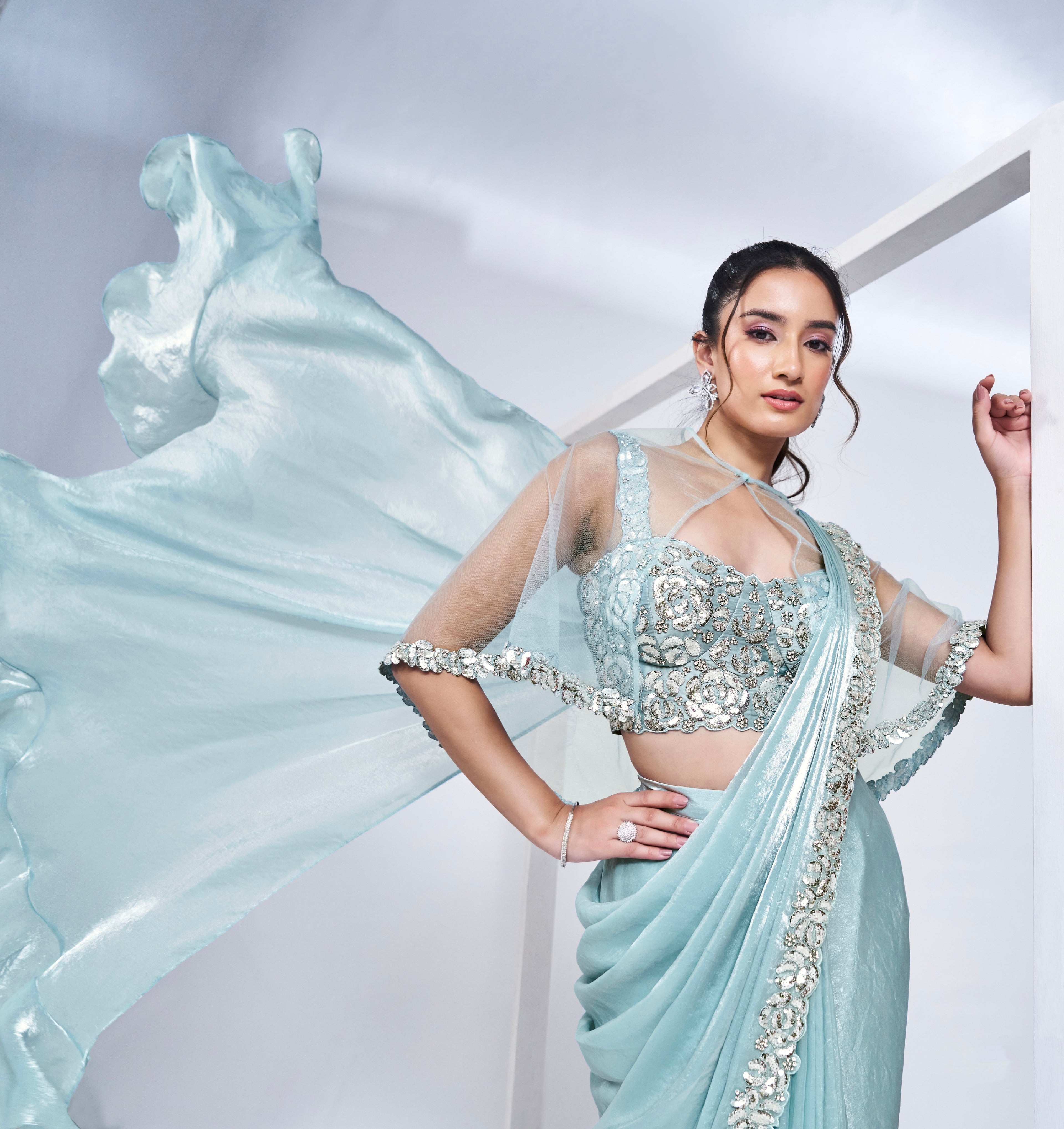 Sky Blue Ready to Wear Saree in Satin Silk with Pure Handwork &amp; Poncho