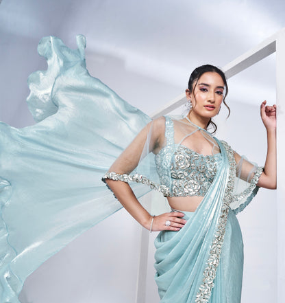 Sky Blue Ready to Wear Saree in Satin Silk with Pure Handwork &amp; Poncho