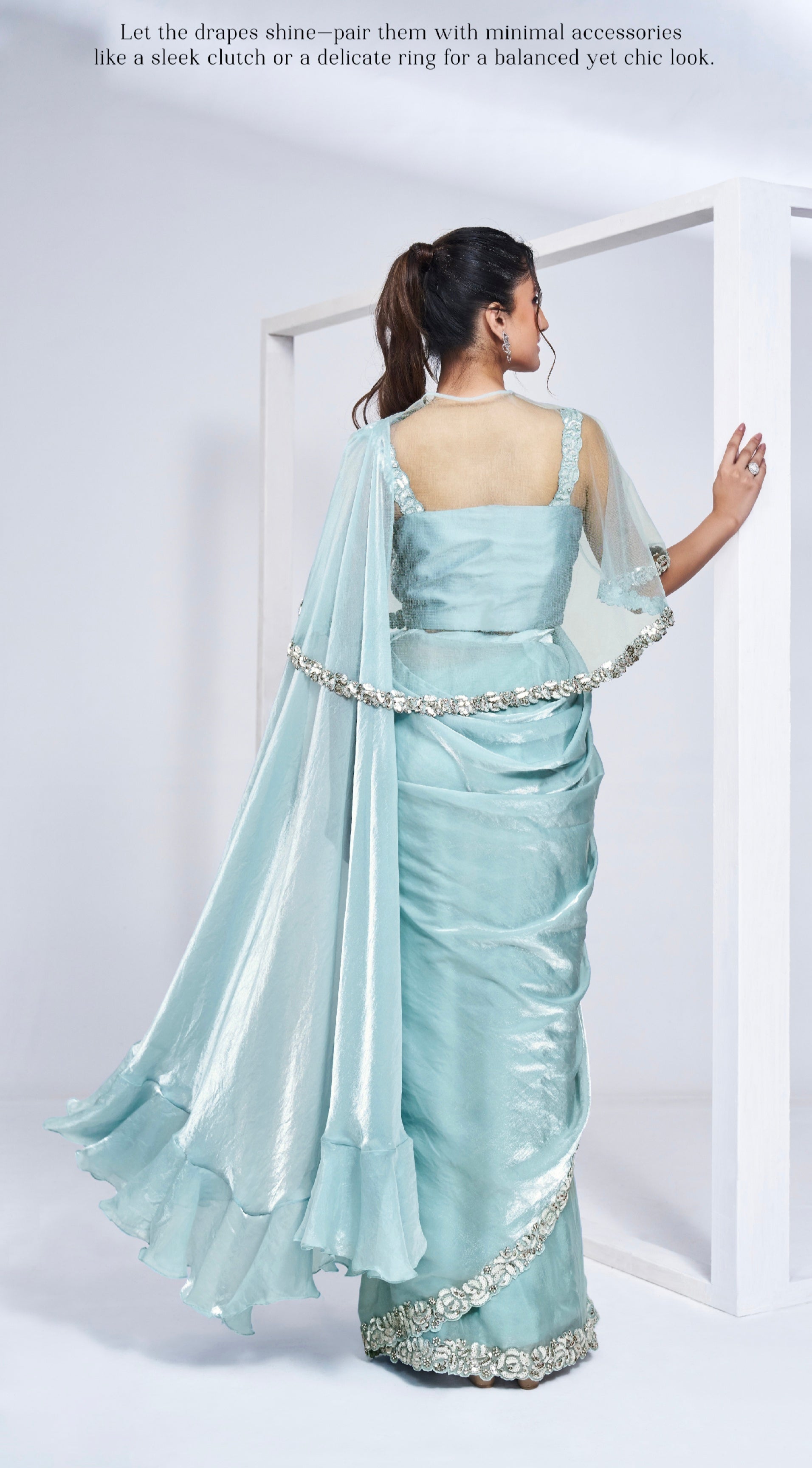 Sky Blue Ready to Wear Saree in Satin Silk with Pure Handwork &amp; Poncho