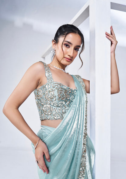 Sky Blue Ready to Wear Saree in Satin Silk with Pure Handwork &amp; Poncho