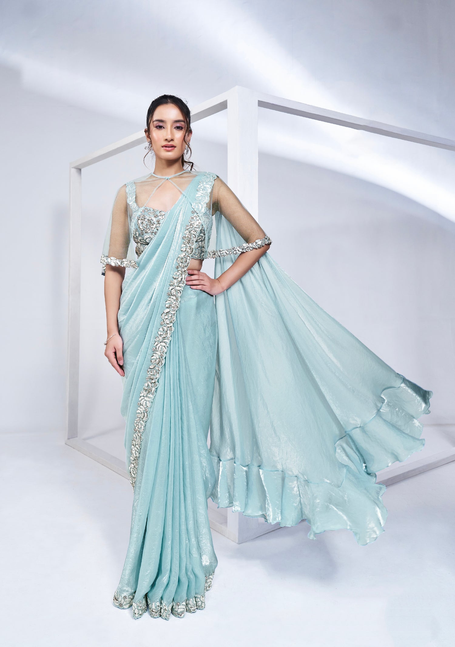 Sky Blue Ready to Wear Saree in Satin Silk with Pure Handwork &amp; Poncho