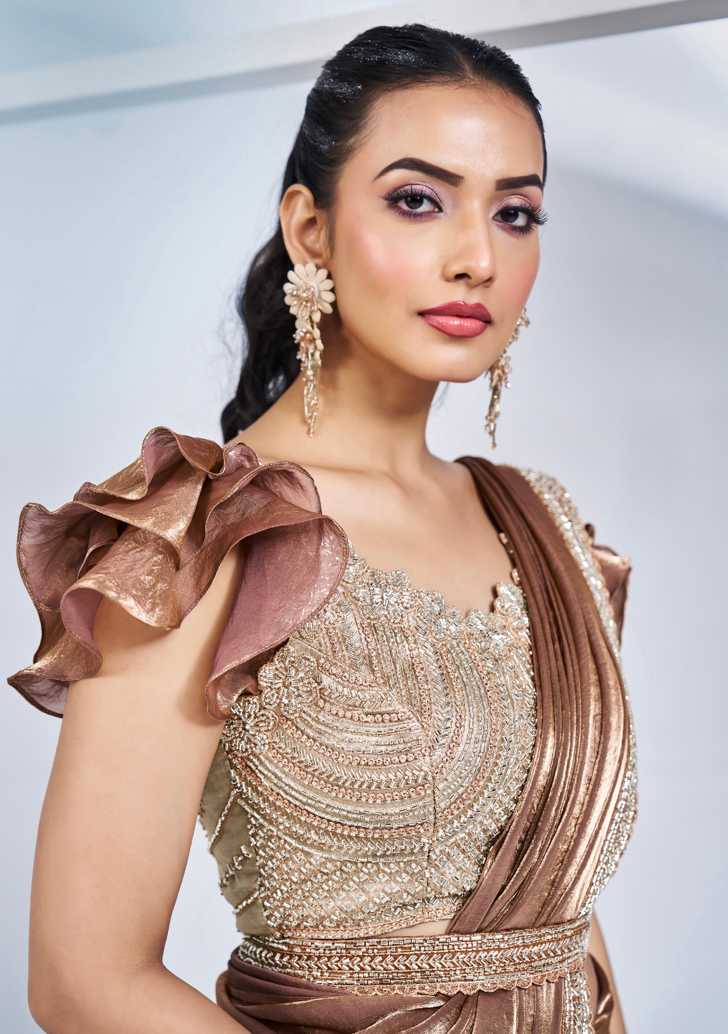 Gold Ready to Wear Saree in Satin Silk with Intricate Hand Embroidery Anant Exports Gold Ready to Wear Saree in Satin Silk with Intricate Hand Embroidery Anant Exports