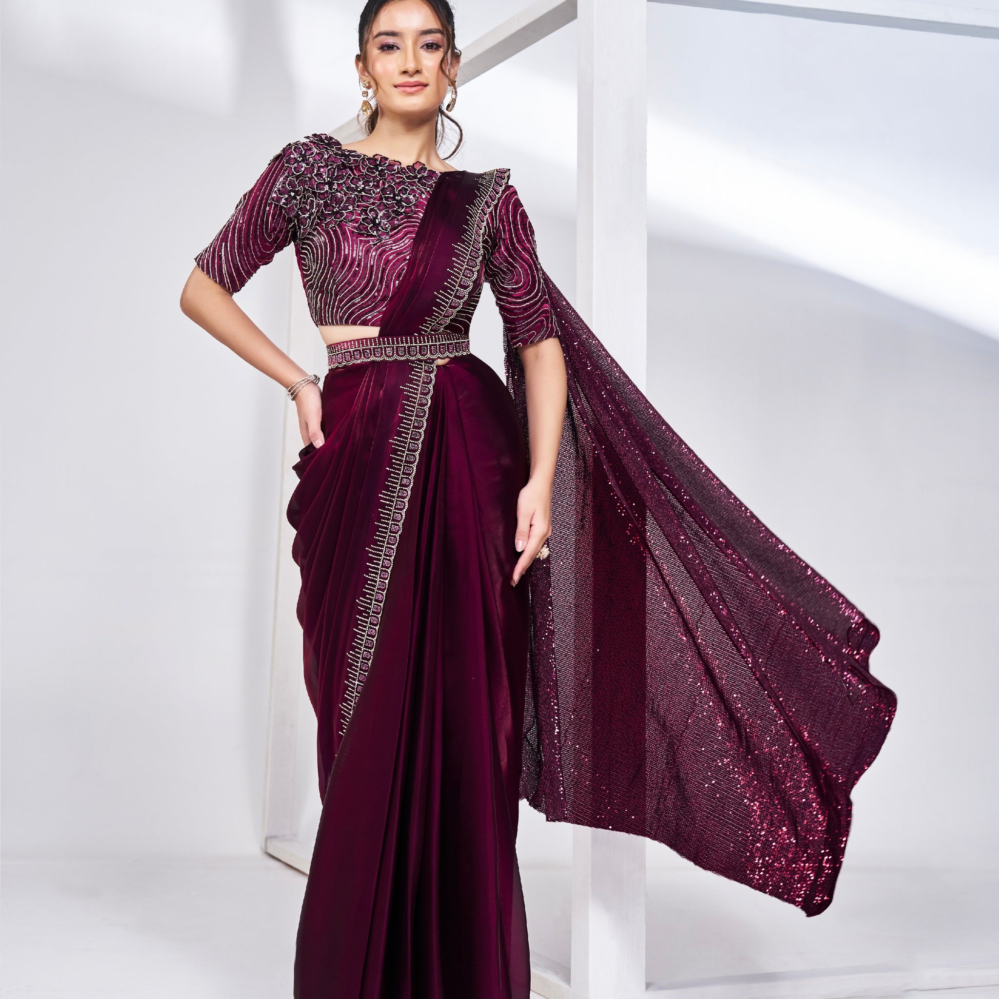 Rich Wine Ready to Wear Saree with Velvet Embroidered Blouse