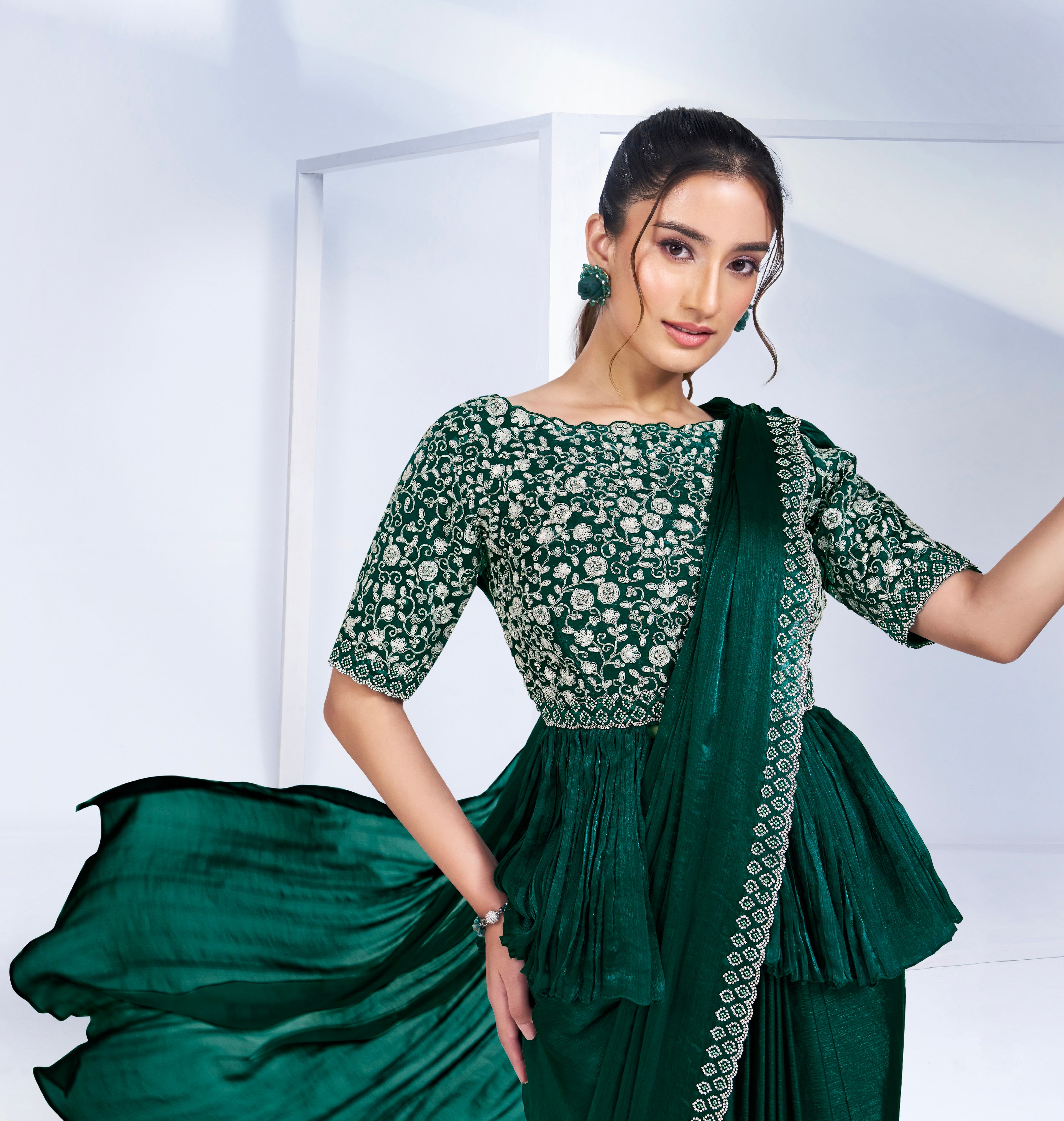 Emerald Green Ready to Wear Saree with Heavy Embellished Blouse