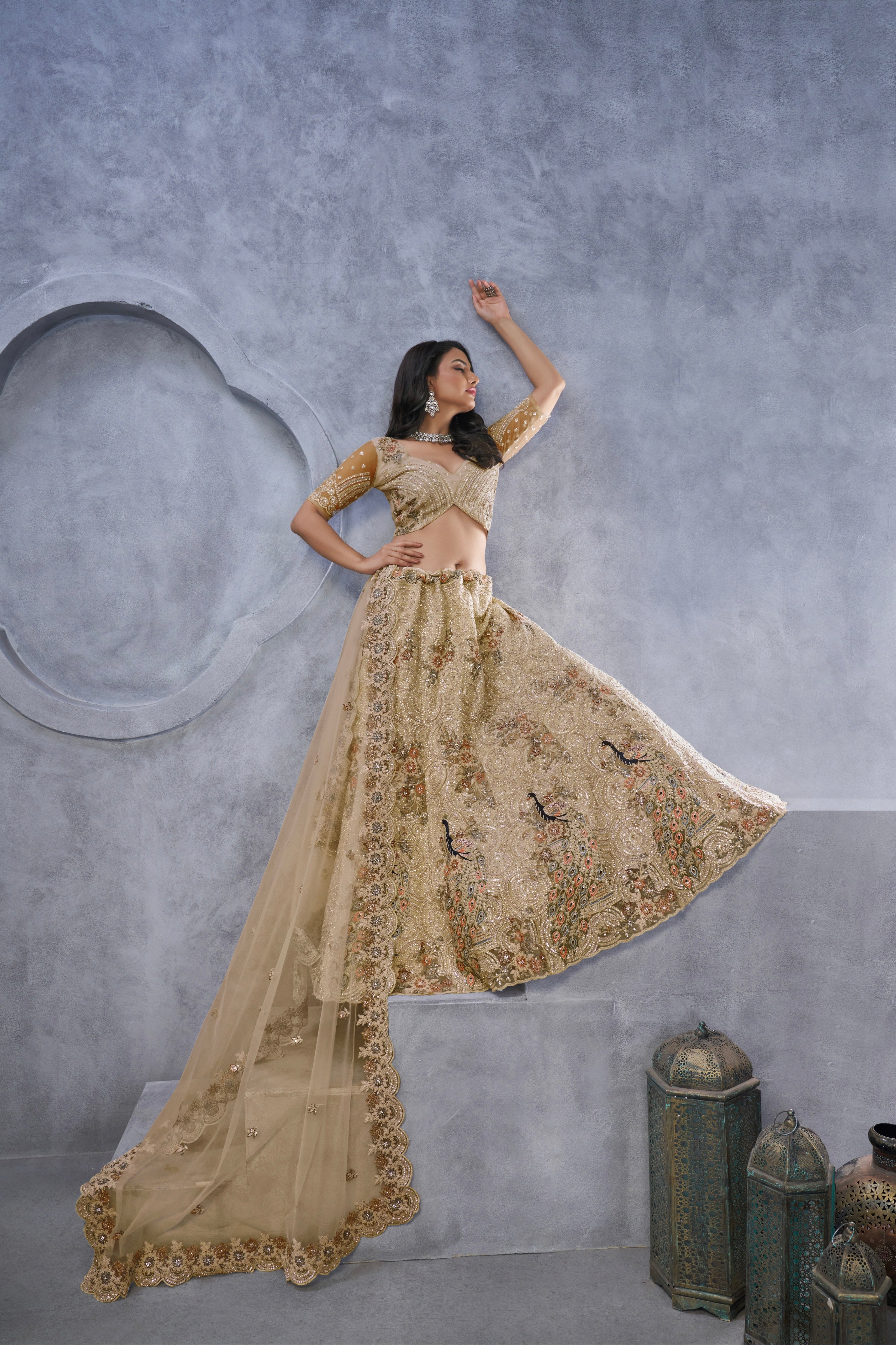 Golden Peacock Embroidered Lehenga with Dupatta