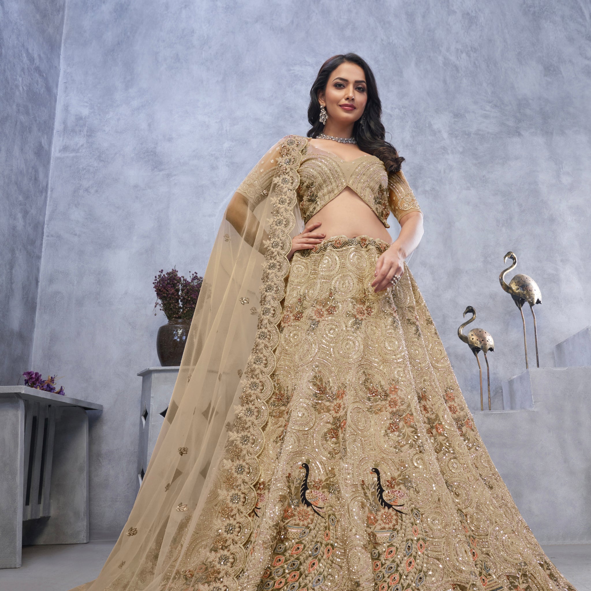 Golden Peacock Embroidered Lehenga with Dupatta