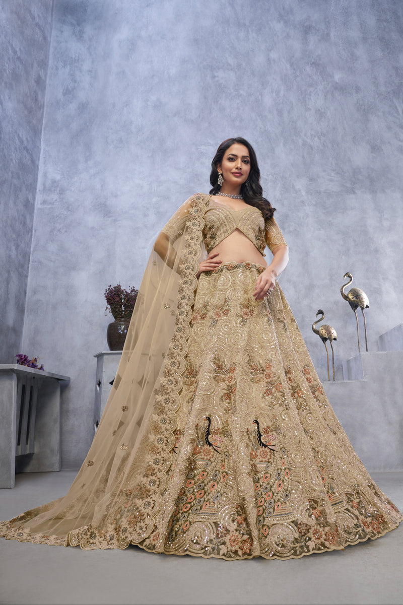 Golden Peacock Embroidered Lehenga with Dupatta