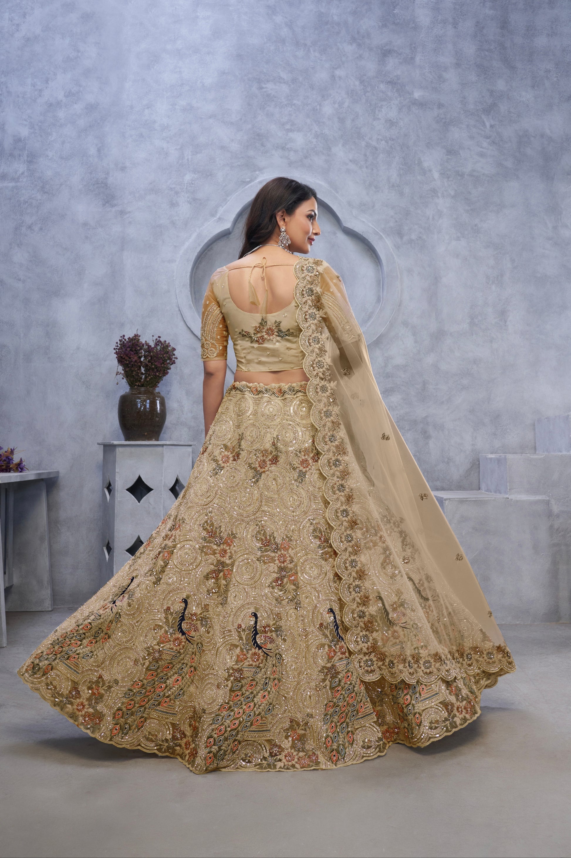 Golden Peacock Embroidered Lehenga with Dupatta