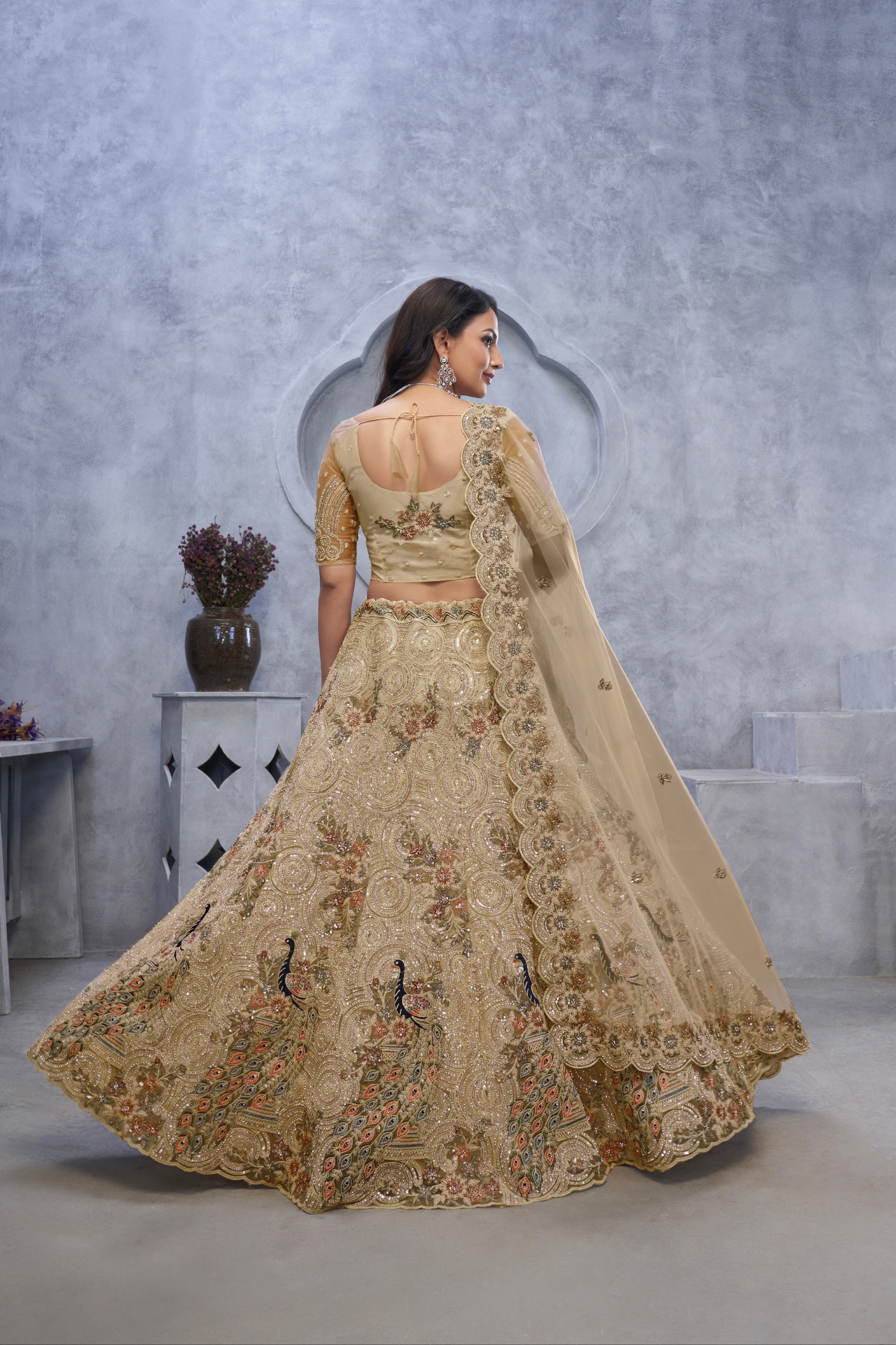 Golden Peacock Embroidered Lehenga with Dupatta