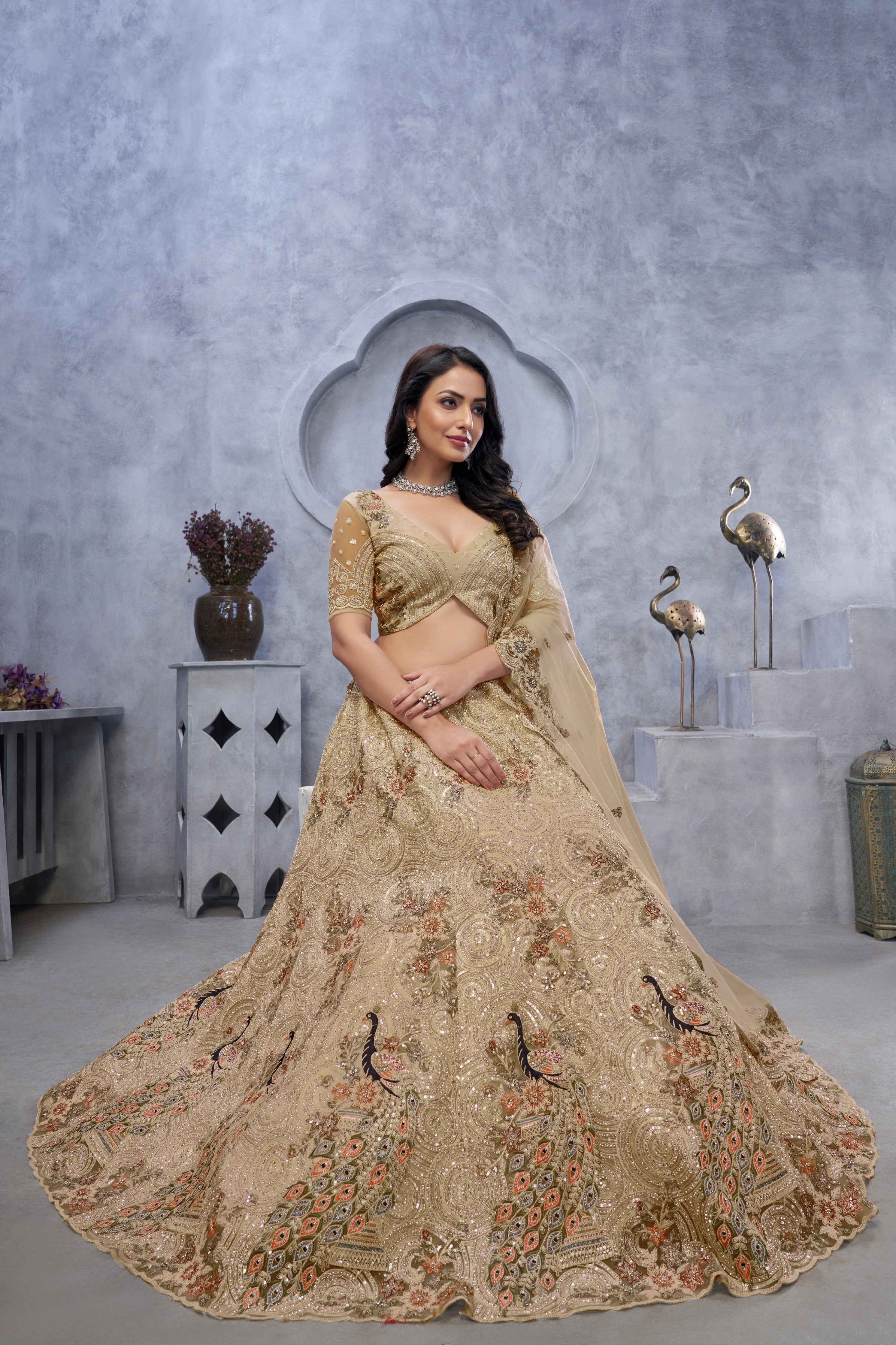 Golden Peacock Embroidered Lehenga with Dupatta