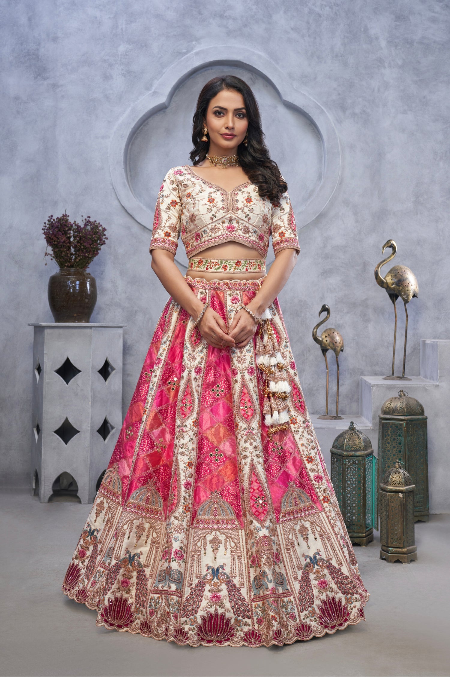 Ivory Organza Silk Bridal Lehenga &amp; Peacock Motifs &amp; Bandhej Dupatta