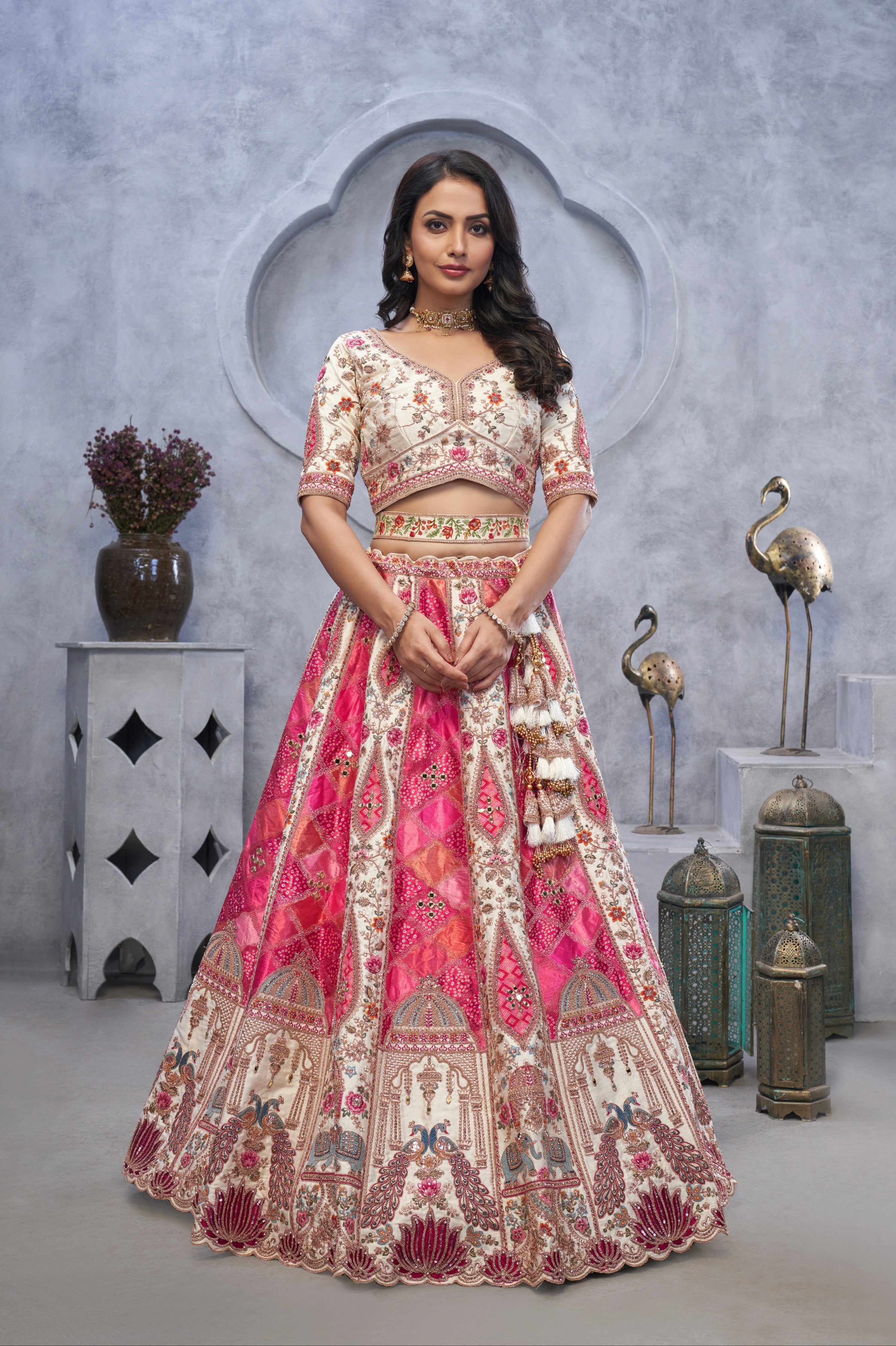 Ivory Organza Silk Bridal Lehenga &amp; Peacock Motifs &amp; Bandhej Dupatta