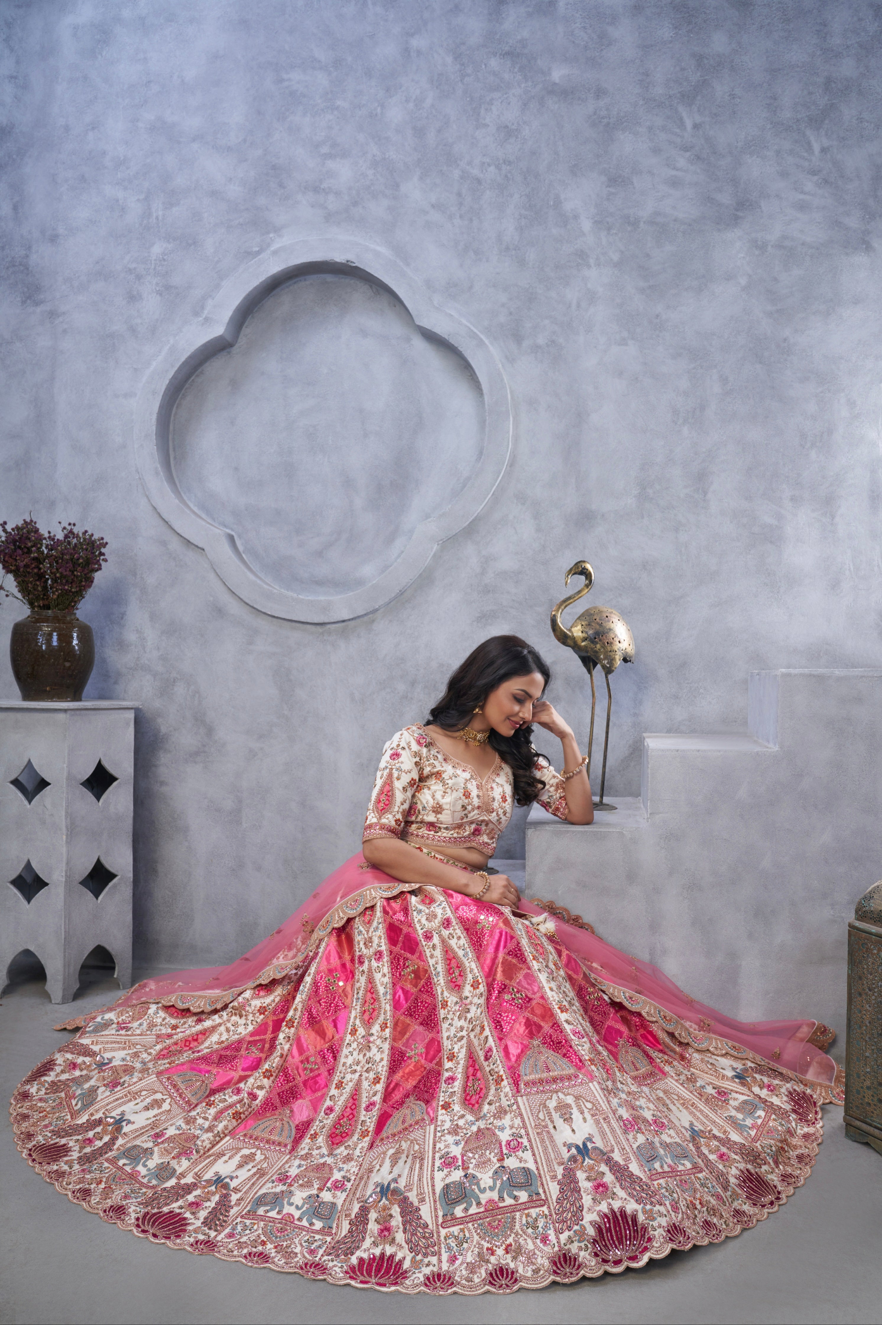 Ivory Organza Silk Bridal Lehenga &amp; Peacock Motifs &amp; Bandhej Dupatta