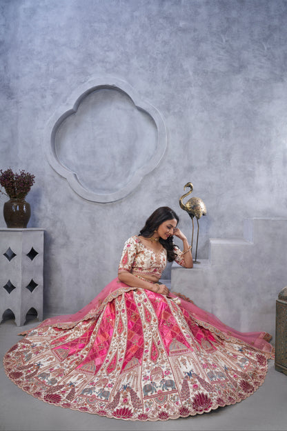Ivory Organza Silk Bridal Lehenga &amp; Peacock Motifs &amp; Bandhej Dupatta