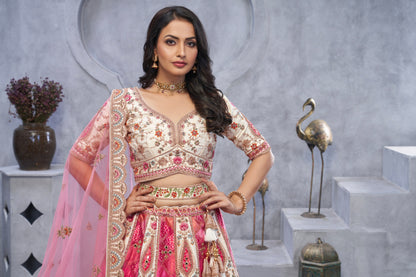 Ivory Organza Silk Bridal Lehenga &amp; Peacock Motifs &amp; Bandhej Dupatta